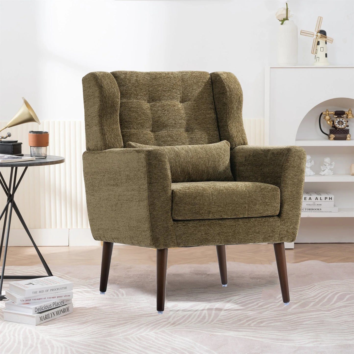 Modern Accent Chair, Chenille Arm Chairs for Living Room, Upholstered Modern Armchair, Comfy Soft Padded Lounge Chair in Small Space, Bedroom, w/Pillow, Solid Wood Leg, Olive Green detail view 3
