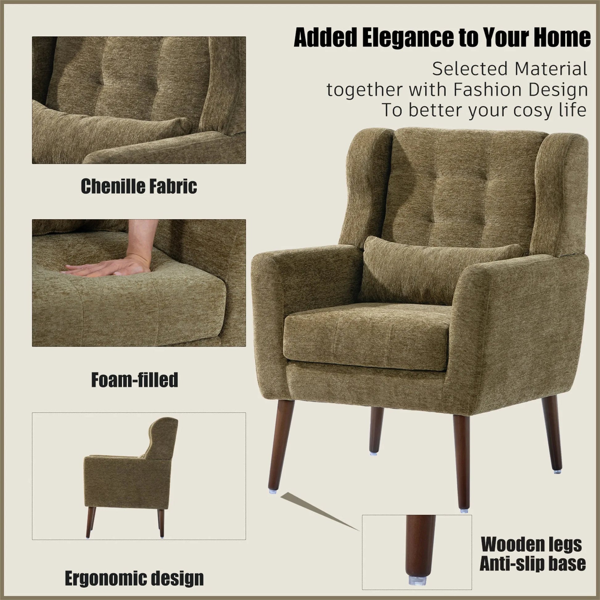 Modern Accent Chair, Chenille Arm Chairs for Living Room, Upholstered Modern Armchair, Comfy Soft Padded Lounge Chair in Small Space, Bedroom, w/Pillow, Solid Wood Leg, Olive Green detail view 5