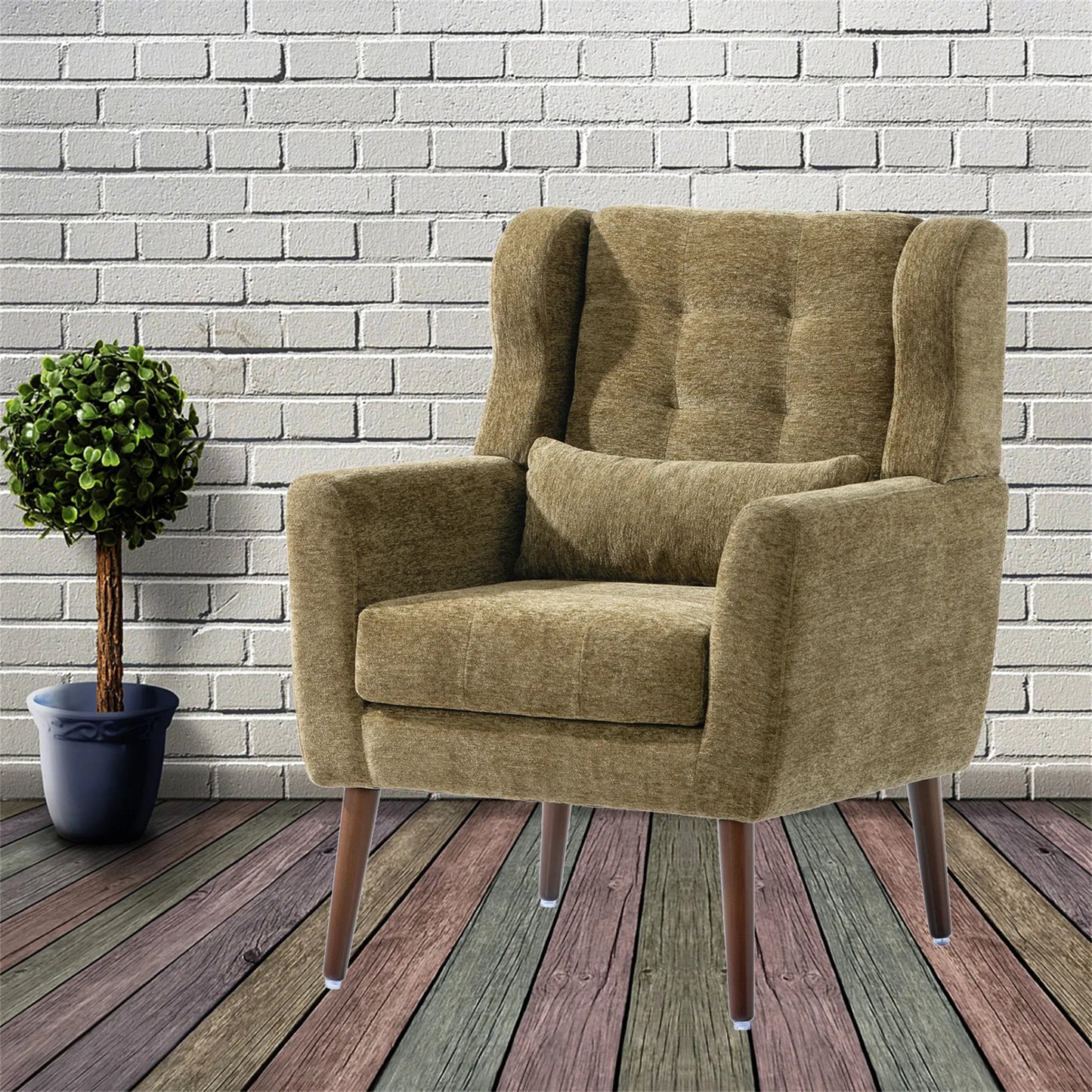 Modern Accent Chair, Chenille Arm Chairs for Living Room, Upholstered Modern Armchair, Comfy Soft Padded Lounge Chair in Small Space, Bedroom, w/Pillow, Solid Wood Leg, Olive Green detail view 6