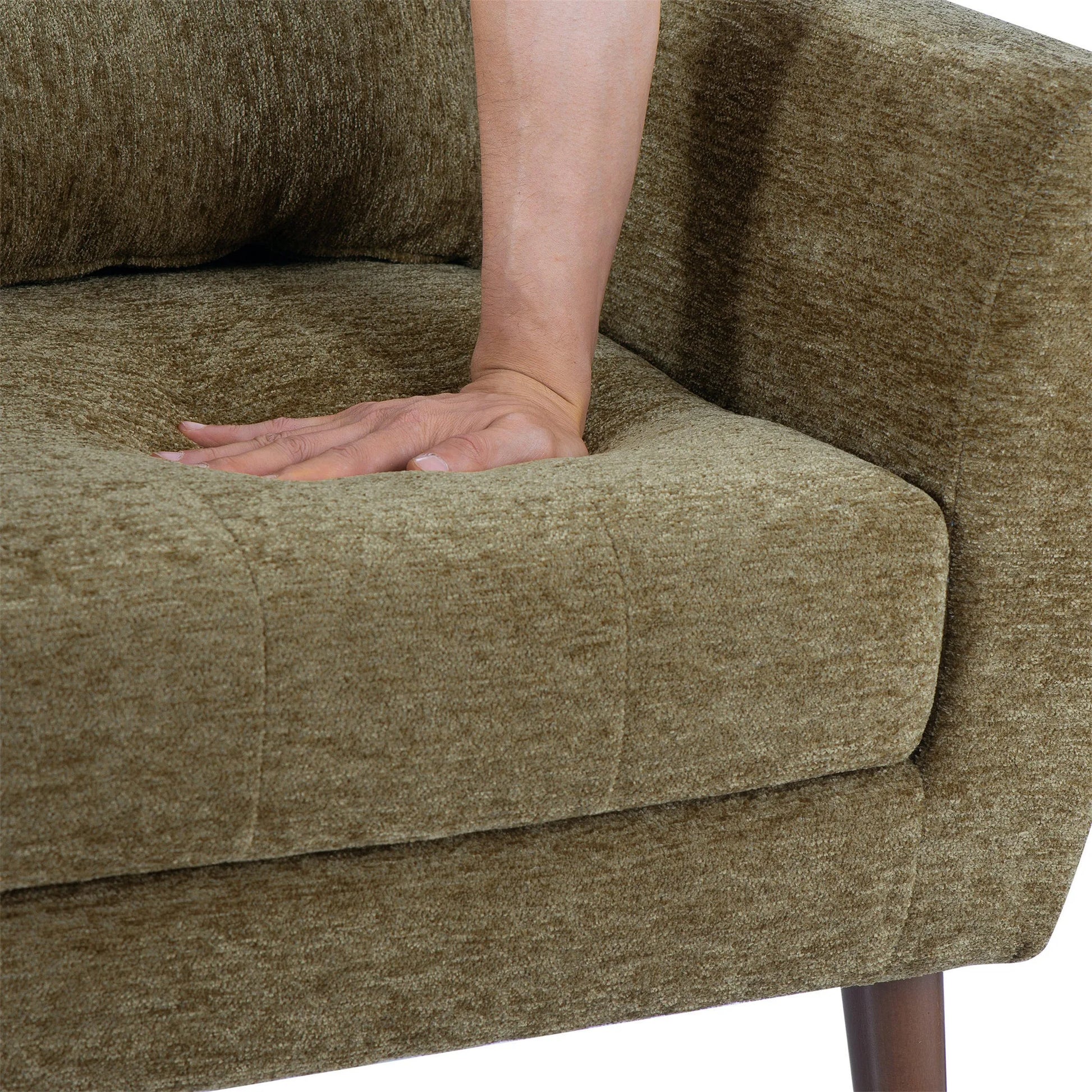 Modern Accent Chair, Chenille Arm Chairs for Living Room, Upholstered Modern Armchair, Comfy Soft Padded Lounge Chair in Small Space, Bedroom, w/Pillow, Solid Wood Leg, Olive Green detail view 10