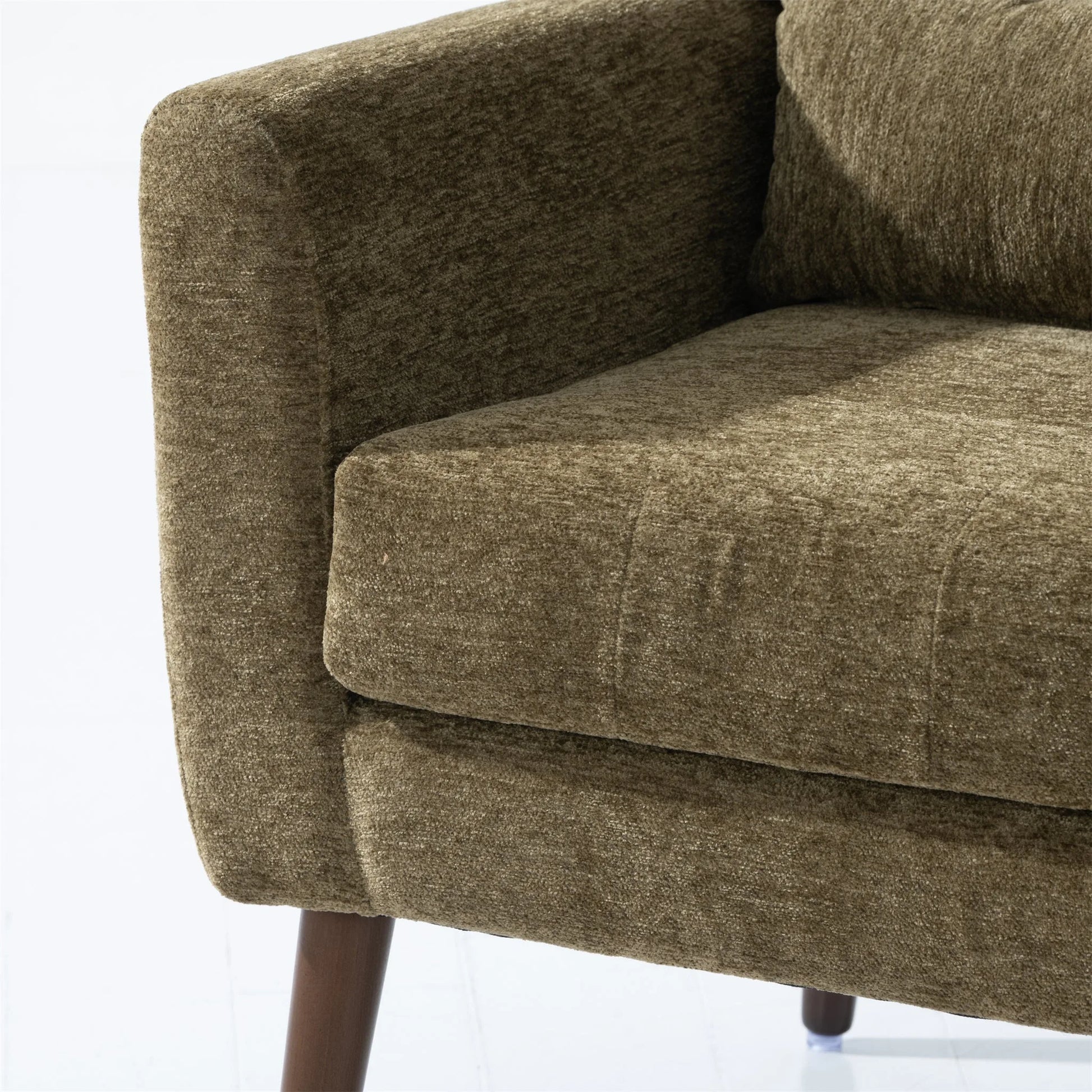 Modern Accent Chair, Chenille Arm Chairs for Living Room, Upholstered Modern Armchair, Comfy Soft Padded Lounge Chair in Small Space, Bedroom, w/Pillow, Solid Wood Leg, Olive Green detail view 14