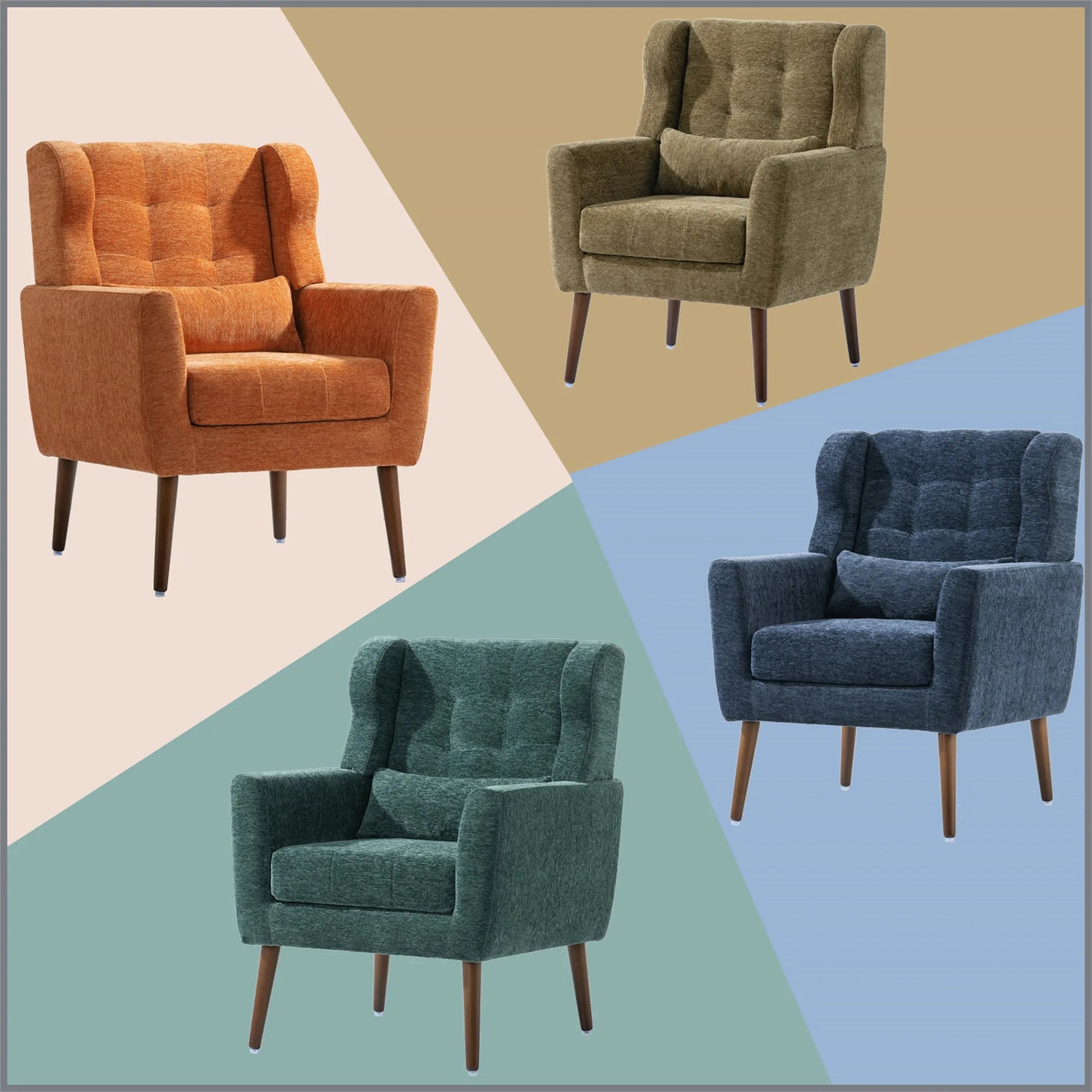 Modern Accent Chair, Chenille Arm Chairs for Living Room, Upholstered Modern Armchair, Comfy Soft Padded Lounge Chair in Small Space, Bedroom, w/Pillow, Solid Wood Leg, Olive Green detail view 18