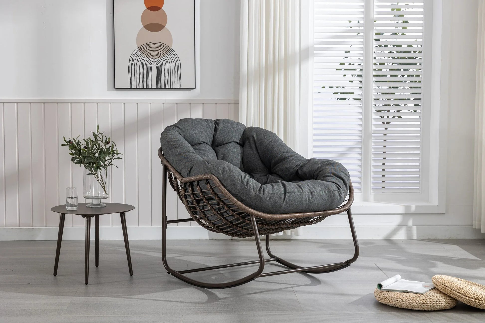 Outdoor Rattan Rocking Chair, Padded Cushion Rocker Recliner Chair Outdoor for Front Porch, Living Room, Patio, Garden, Grey detail view 2