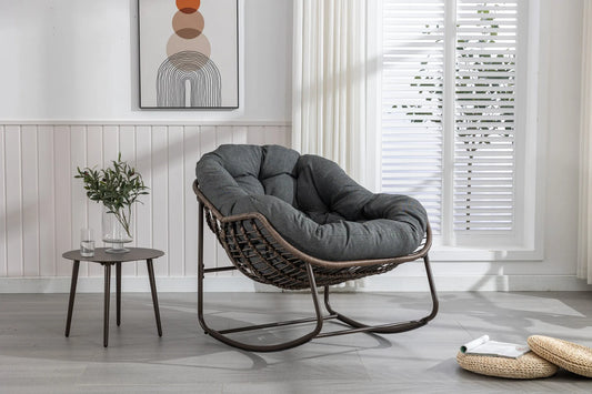 Outdoor Rattan Rocking Chair, Padded Cushion Rocker Recliner Chair Outdoor for Front Porch, Living Room, Patio, Garden, Grey detail view 2