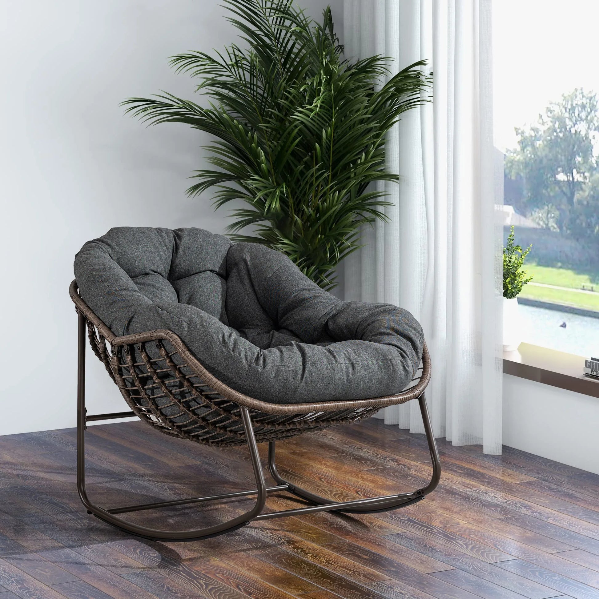 Outdoor Rattan Rocking Chair, Padded Cushion Rocker Recliner Chair Outdoor for Front Porch, Living Room, Patio, Garden, Grey detail view 3