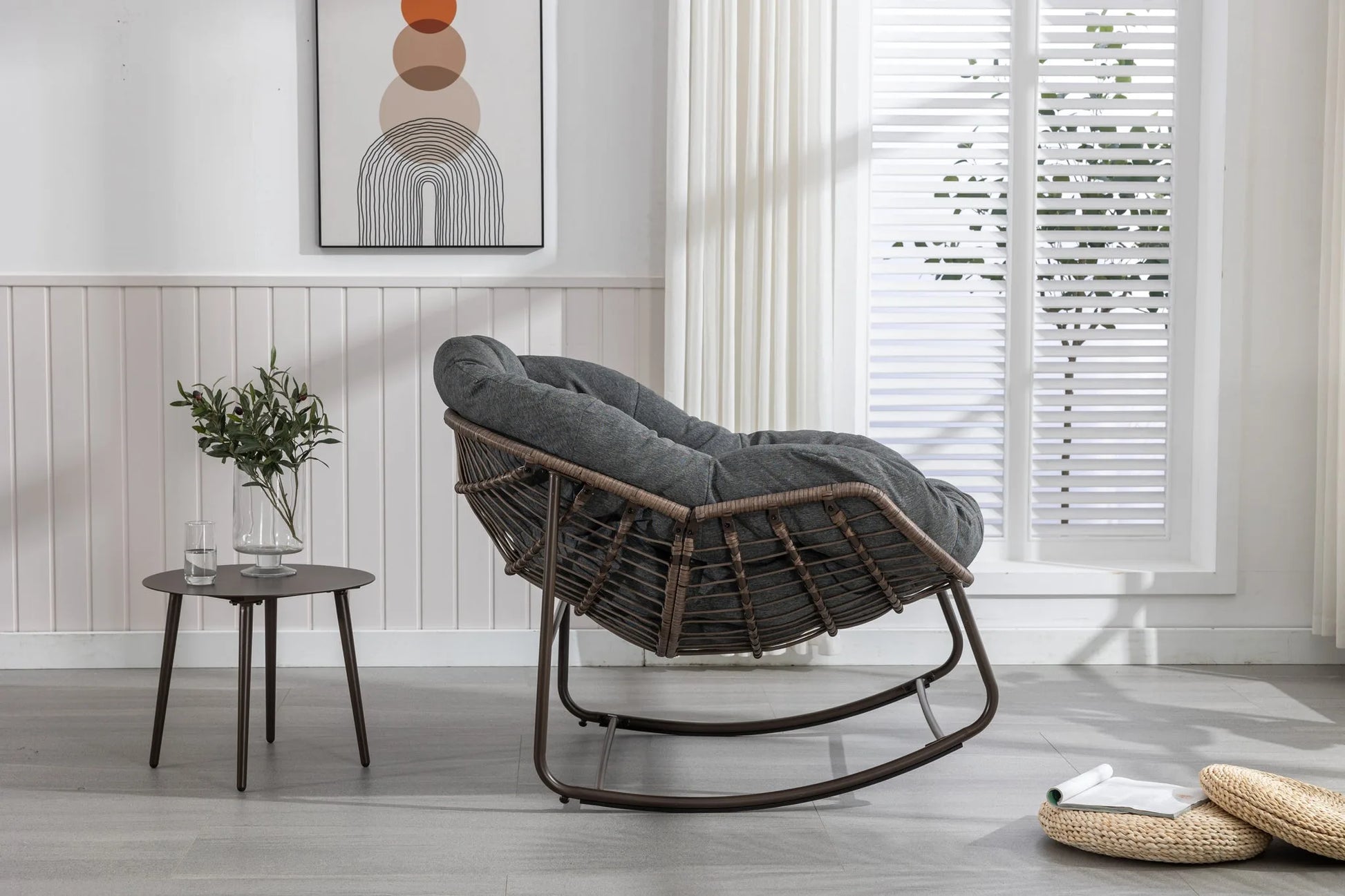 Outdoor Rattan Rocking Chair, Padded Cushion Rocker Recliner Chair Outdoor for Front Porch, Living Room, Patio, Garden, Grey detail view 4