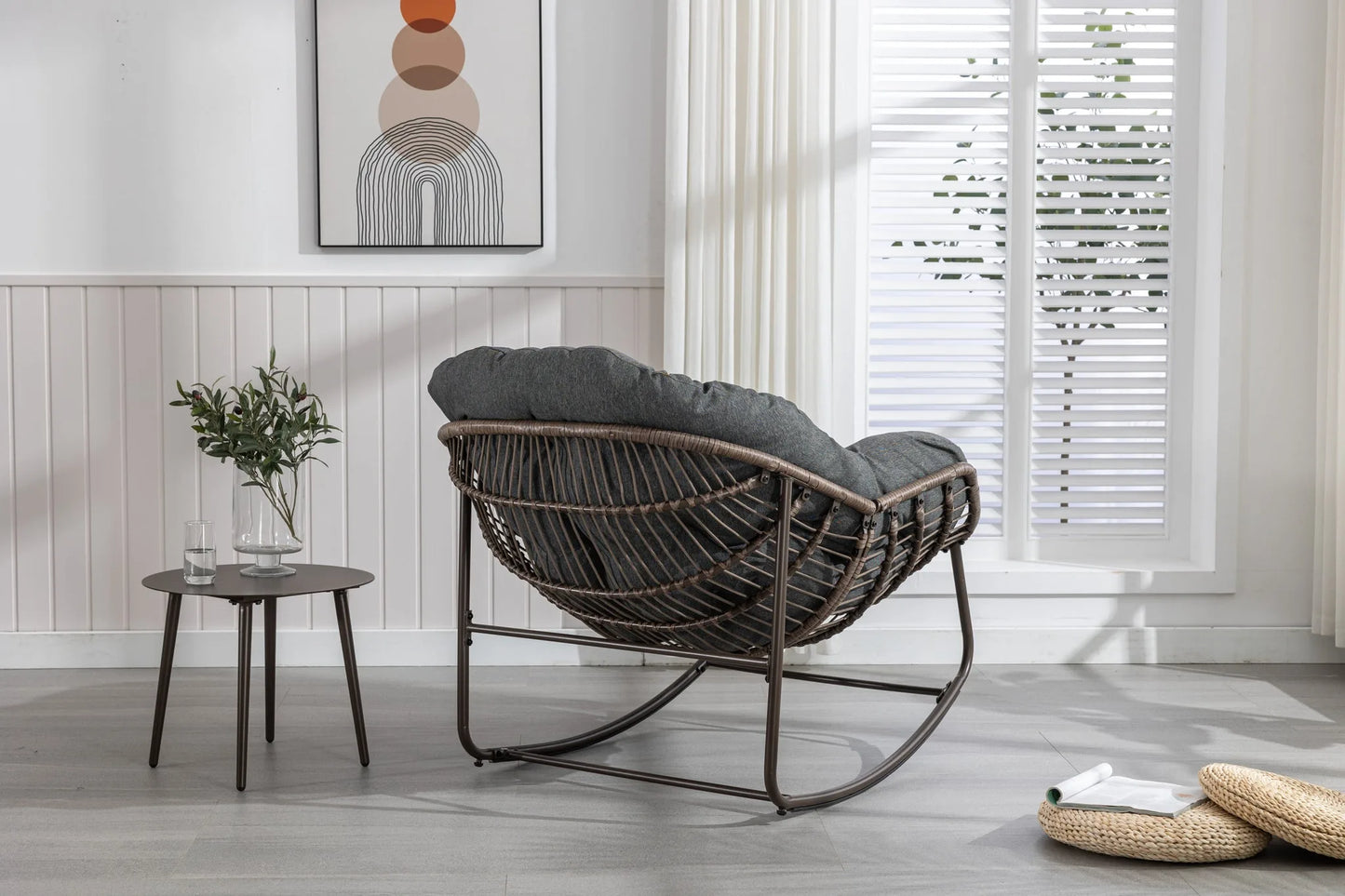 Outdoor Rattan Rocking Chair, Padded Cushion Rocker Recliner Chair Outdoor for Front Porch, Living Room, Patio, Garden, Grey detail view 5
