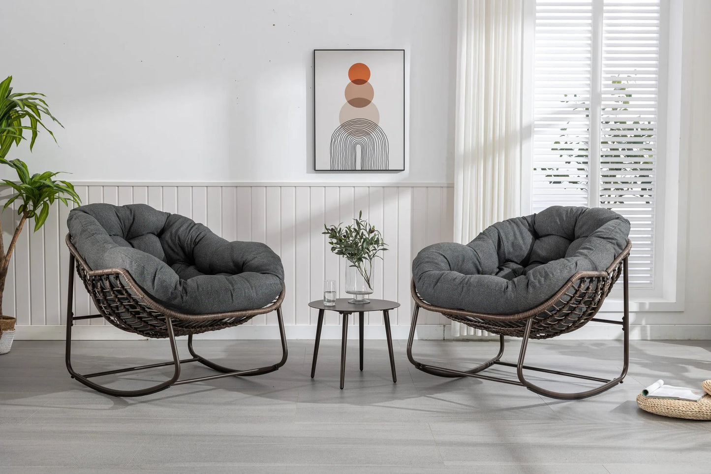 Outdoor Rattan Rocking Chair, Padded Cushion Rocker Recliner Chair Outdoor for Front Porch, Living Room, Patio, Garden, Grey detail view 6
