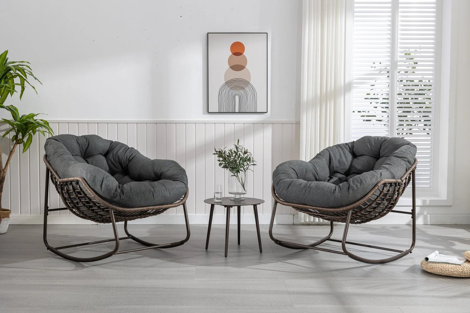 Outdoor Rattan Rocking Chair, Padded Cushion Rocker Recliner Chair Outdoor for Front Porch, Living Room, Patio, Garden, Grey detail view 6