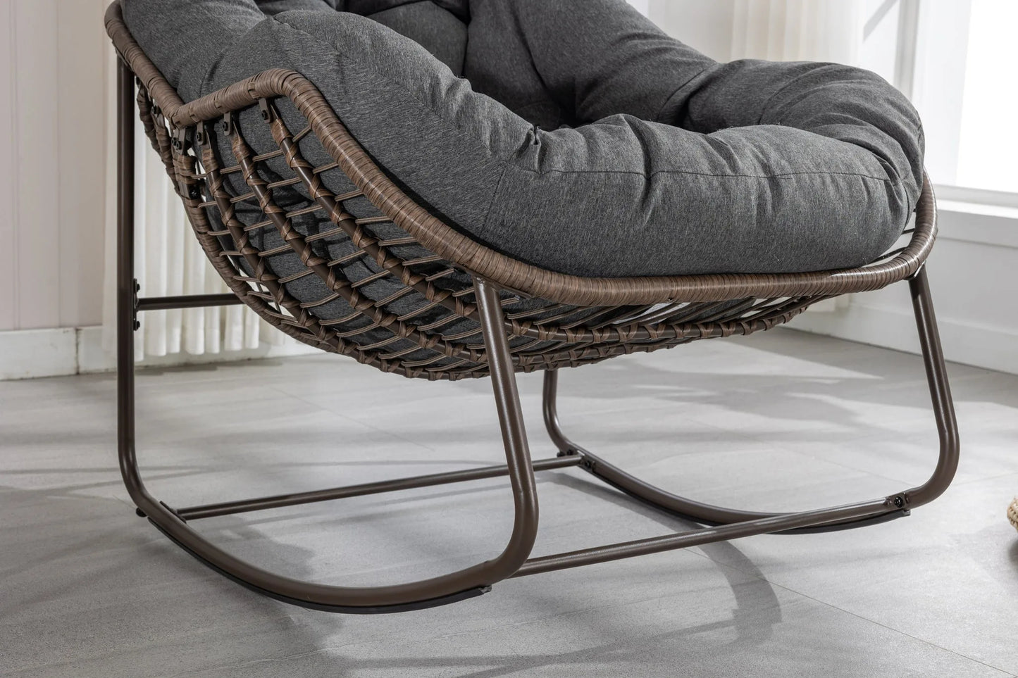 Outdoor Rattan Rocking Chair, Padded Cushion Rocker Recliner Chair Outdoor for Front Porch, Living Room, Patio, Garden, Grey detail view 7