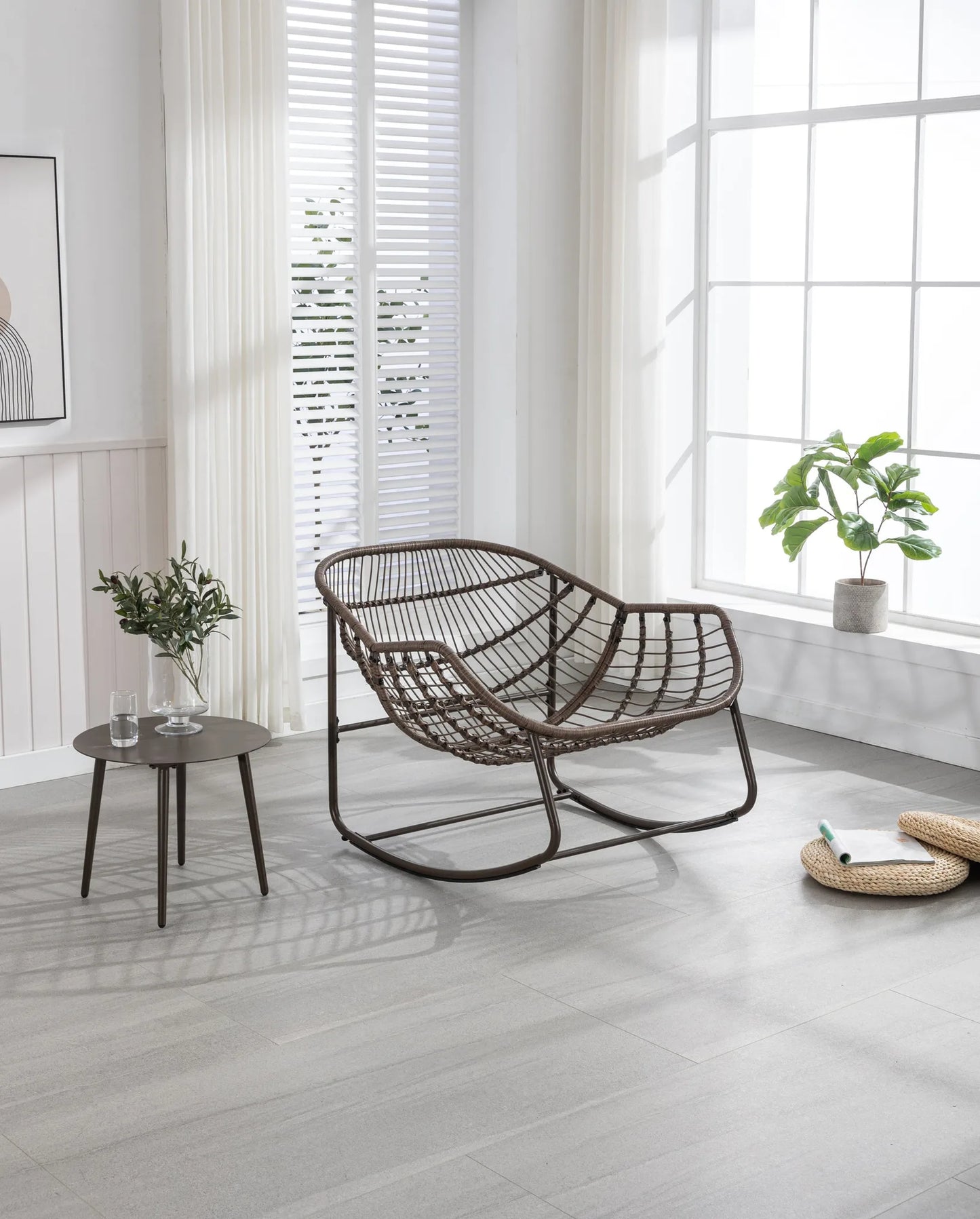 Outdoor Rattan Rocking Chair, Padded Cushion Rocker Recliner Chair Outdoor for Front Porch, Living Room, Patio, Garden, Grey detail view 14