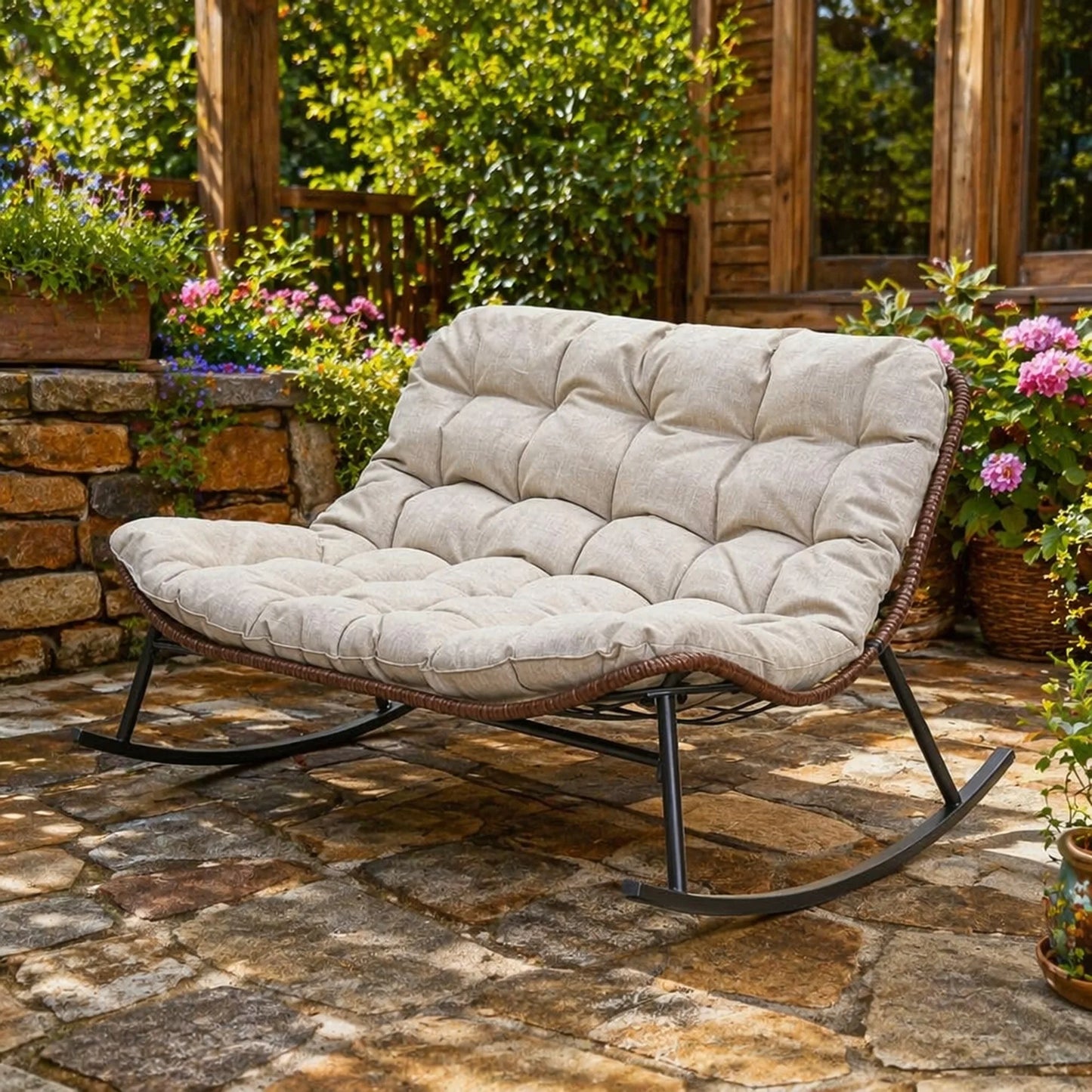 Double Wide Rocking Papasan Chair in Acacia Wood and Beige with Steel Frame, 2-Person Outdoor Lounge Seating lifestyle view