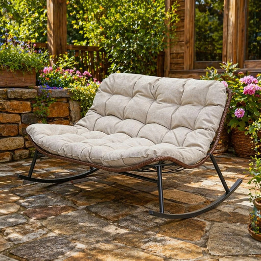 Double Wide Rocking Papasan Chair in Acacia Wood and Beige with Steel Frame, 2-Person Outdoor Lounge Seating lifestyle view