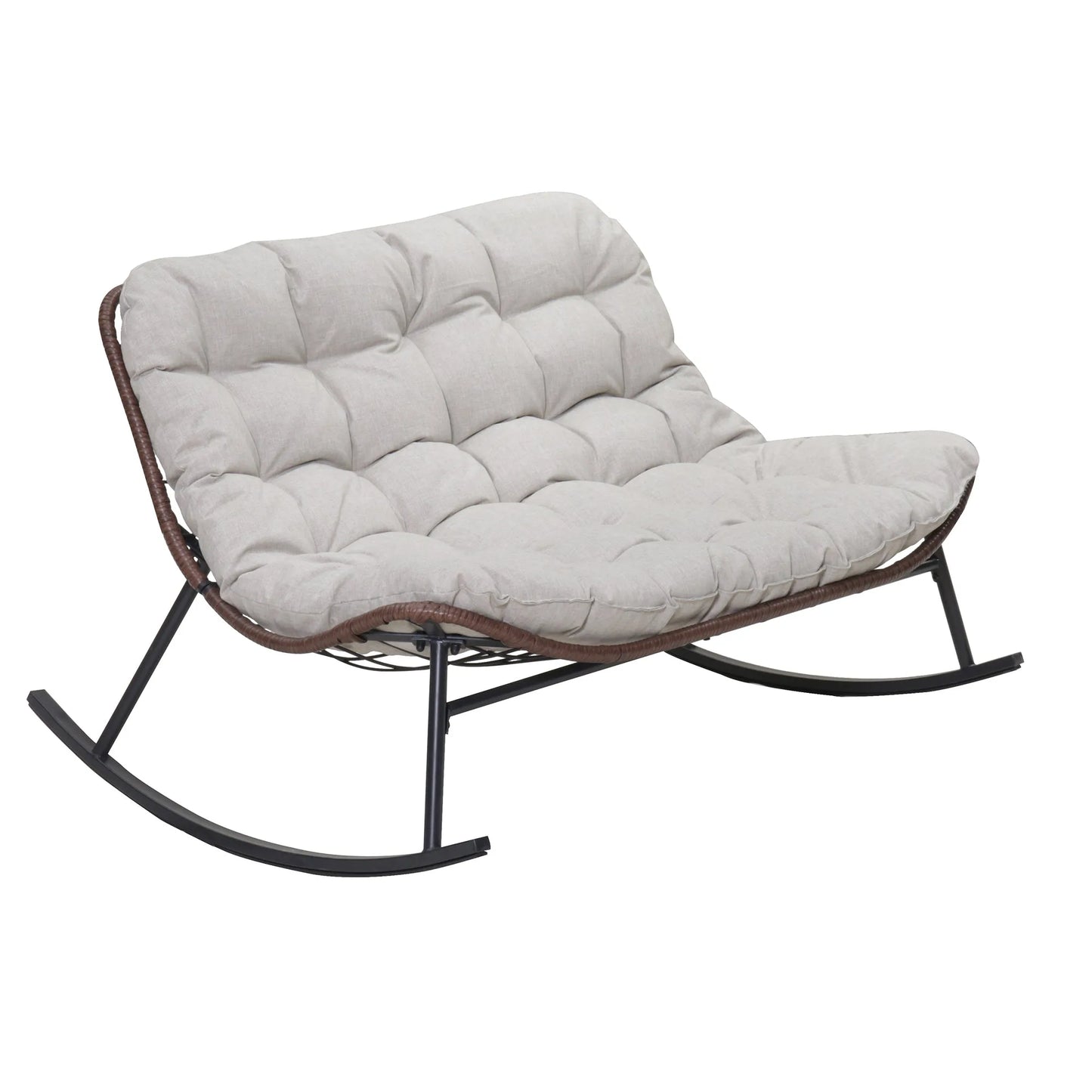 Double Wide Rocking Papasan Chair in Acacia Wood and Beige with Steel Frame, 2-Person Outdoor Lounge Seating detail view 2