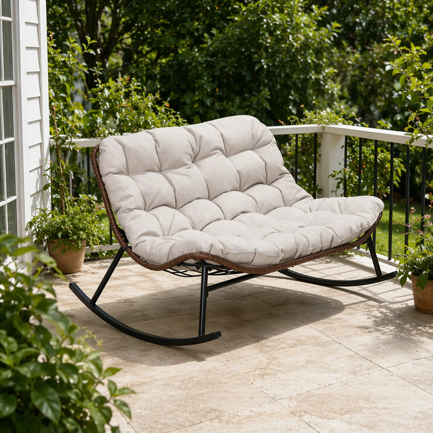 Double Wide Rocking Papasan Chair in Acacia Wood and Beige with Steel Frame, 2-Person Outdoor Lounge Seating detail view 3
