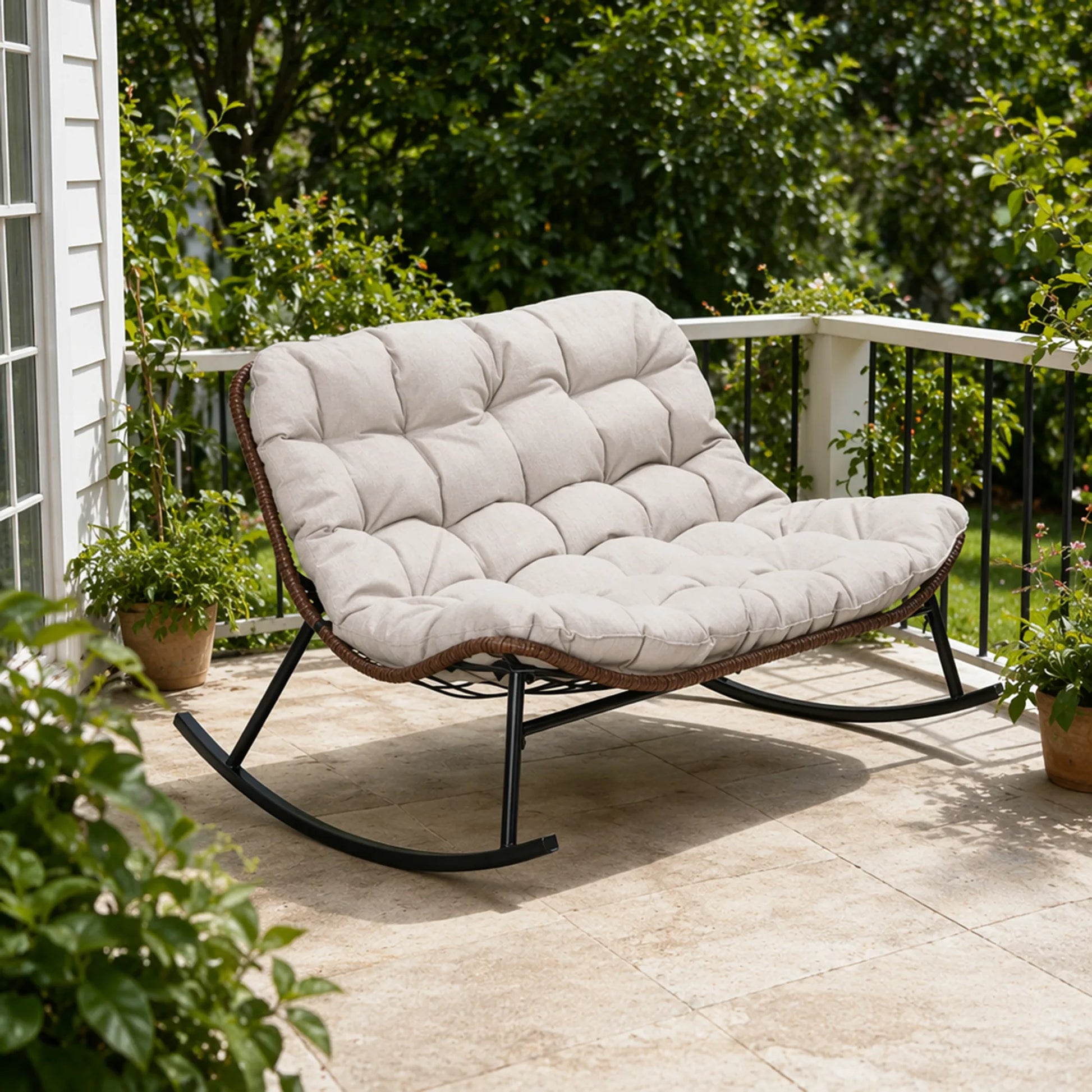 Double Wide Rocking Papasan Chair in Acacia Wood and Beige with Steel Frame, 2-Person Outdoor Lounge Seating detail view 3