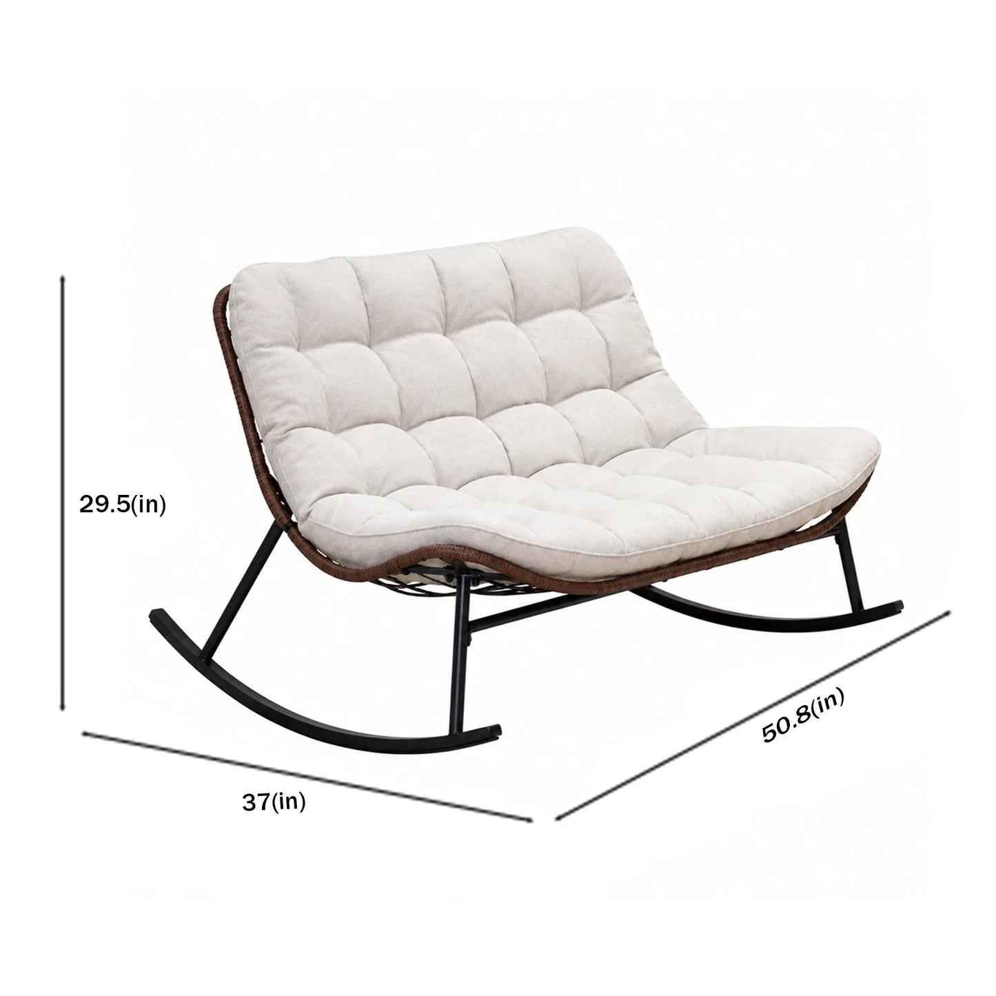 Double Wide Rocking Papasan Chair in Acacia Wood and Beige with Steel Frame, 2-Person Outdoor Lounge Seating detail view 4