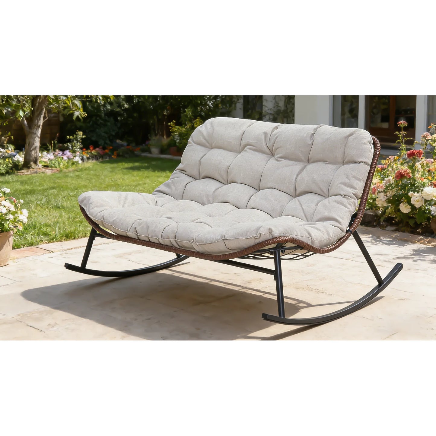 Double Wide Rocking Papasan Chair in Acacia Wood and Beige with Steel Frame, 2-Person Outdoor Lounge Seating detail view 6