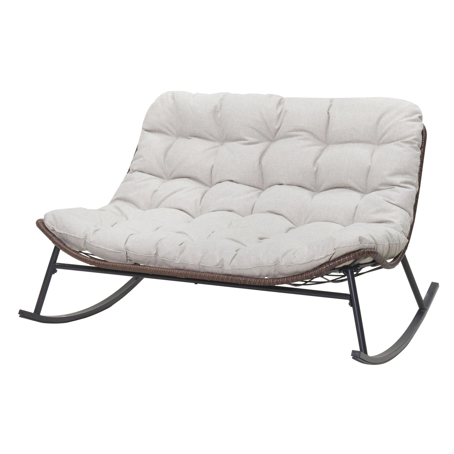 Double Wide Rocking Papasan Chair in Acacia Wood and Beige with Steel Frame, 2-Person Outdoor Lounge Seating detail view 7