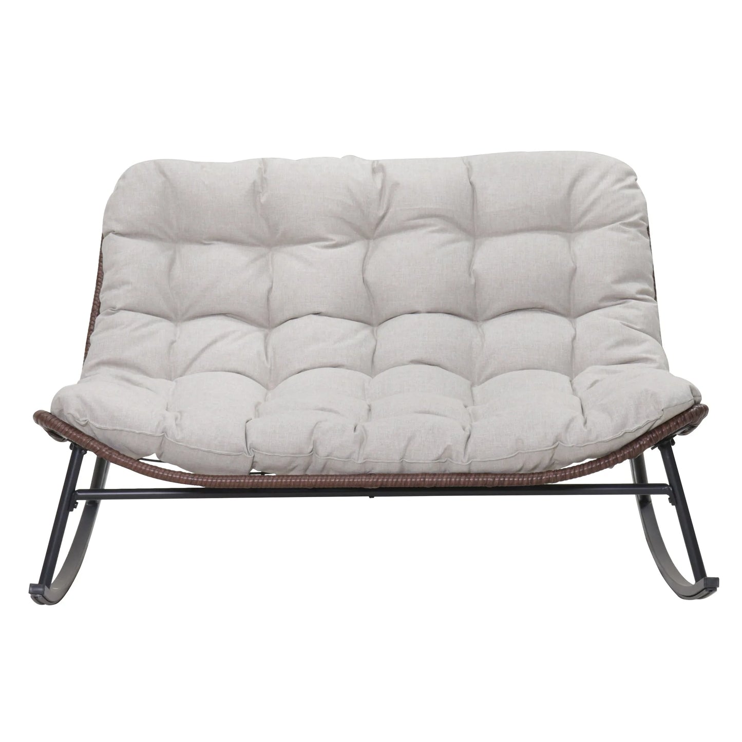 Double Wide Rocking Papasan Chair in Acacia Wood and Beige with Steel Frame, 2-Person Outdoor Lounge Seating detail view 8