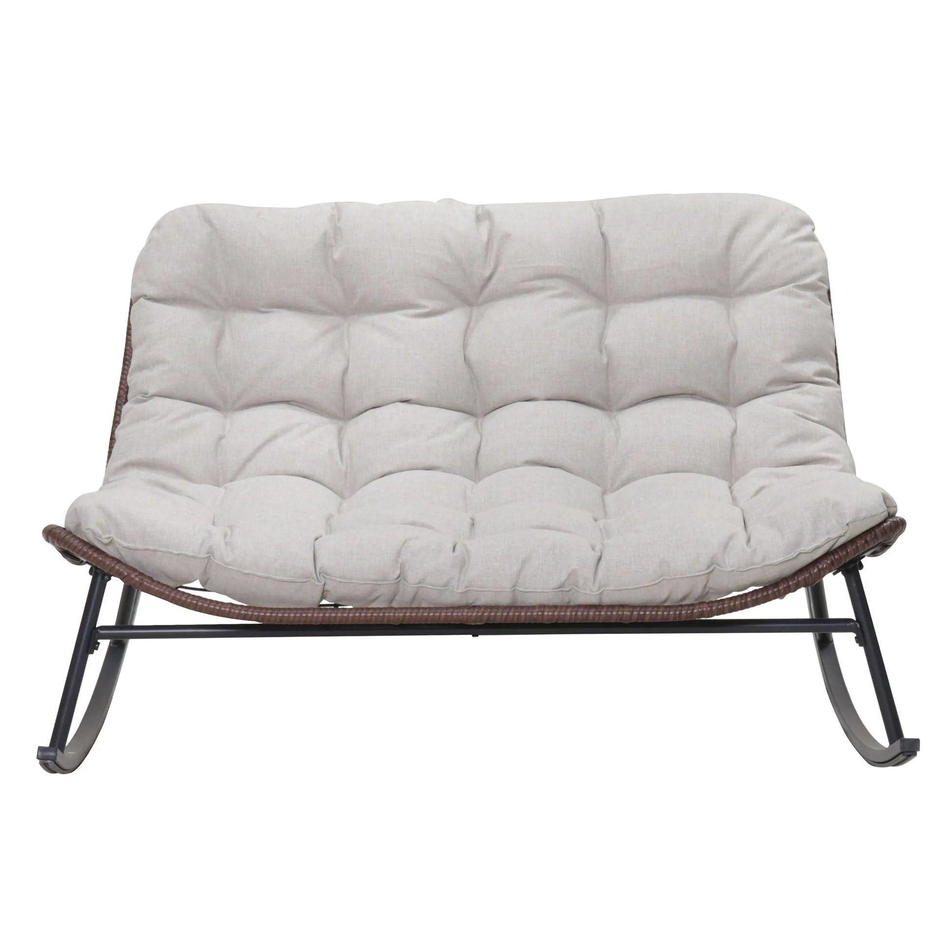 Double Wide Rocking Papasan Chair in Acacia Wood and Beige with Steel Frame, 2-Person Outdoor Lounge Seating detail view 8