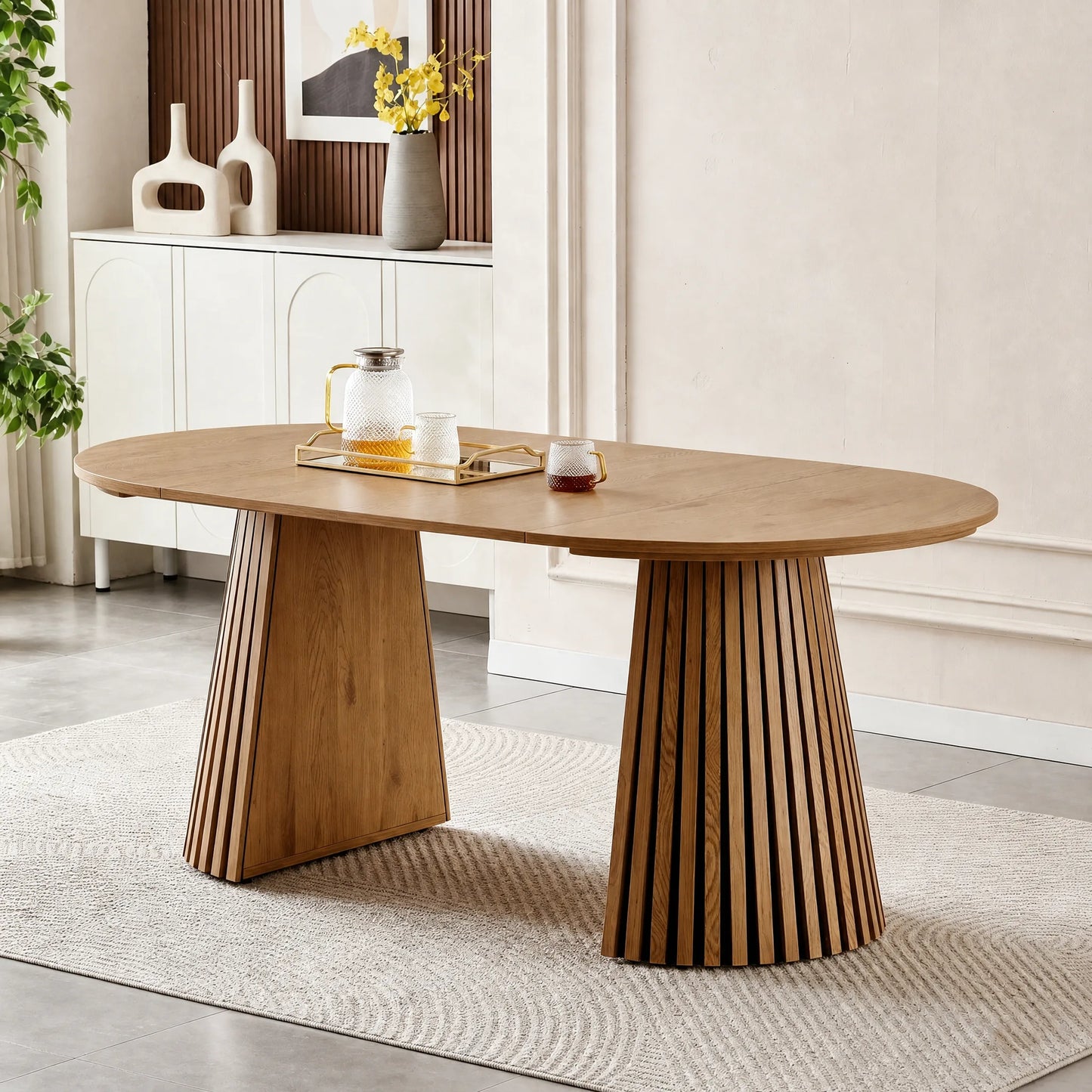 Wooden Dining Table, Flexible and Extendable, Multi-functional and Space-saving, Fashionable Oval Design and Slatted Table Legs, Tea Table or Office Desk, Beautiful and Practical lifestyle view