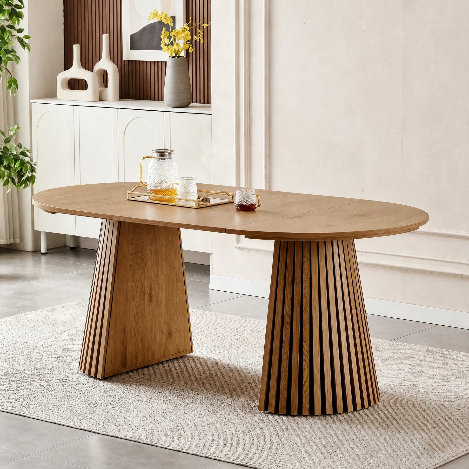Wooden Dining Table, Flexible and Extendable, Multi-functional and Space-saving, Fashionable Oval Design and Slatted Table Legs, Tea Table or Office Desk, Beautiful and Practical lifestyle view
