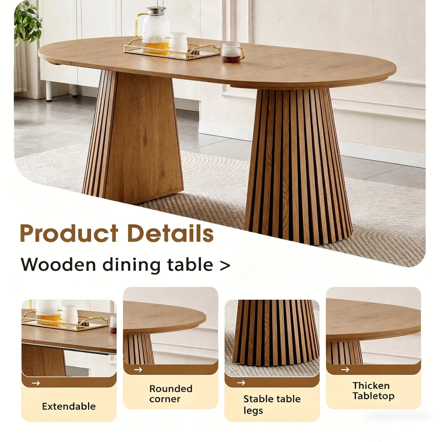 Wooden Dining Table, Flexible and Extendable, Multi-functional and Space-saving, Fashionable Oval Design and Slatted Table Legs, Tea Table or Office Desk, Beautiful and Practical detail view 4