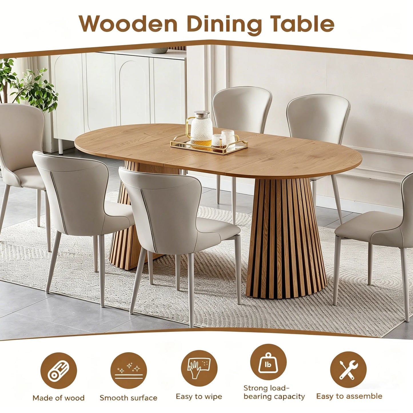 Wooden Dining Table, Flexible and Extendable, Multi-functional and Space-saving, Fashionable Oval Design and Slatted Table Legs, Tea Table or Office Desk, Beautiful and Practical detail view 6