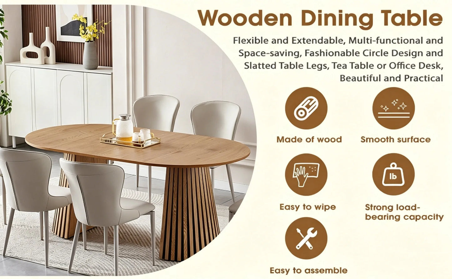 Wooden Dining Table, Flexible and Extendable, Multi-functional and Space-saving, Fashionable Oval Design and Slatted Table Legs, Tea Table or Office Desk, Beautiful and Practical detail view 12
