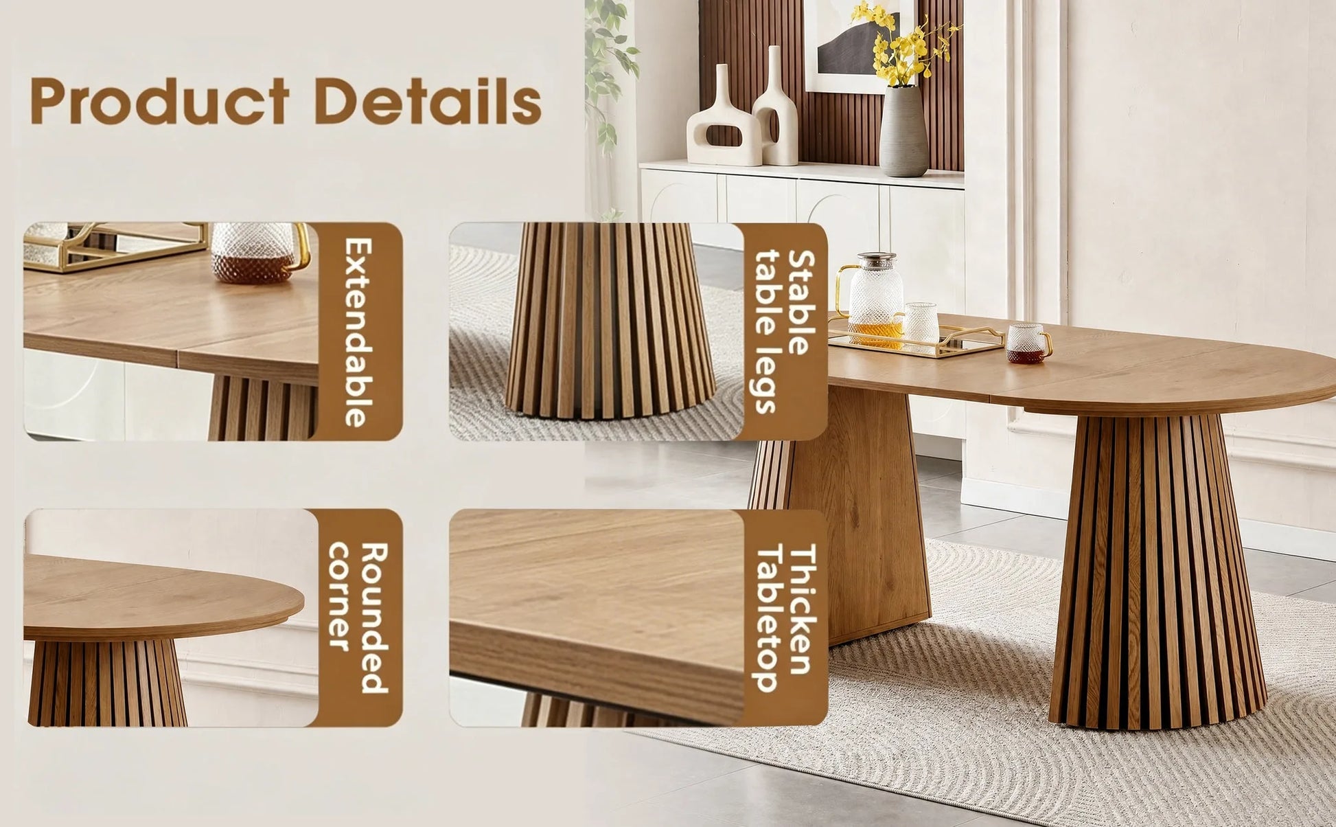 Wooden Dining Table, Flexible and Extendable, Multi-functional and Space-saving, Fashionable Oval Design and Slatted Table Legs, Tea Table or Office Desk, Beautiful and Practical detail view 14