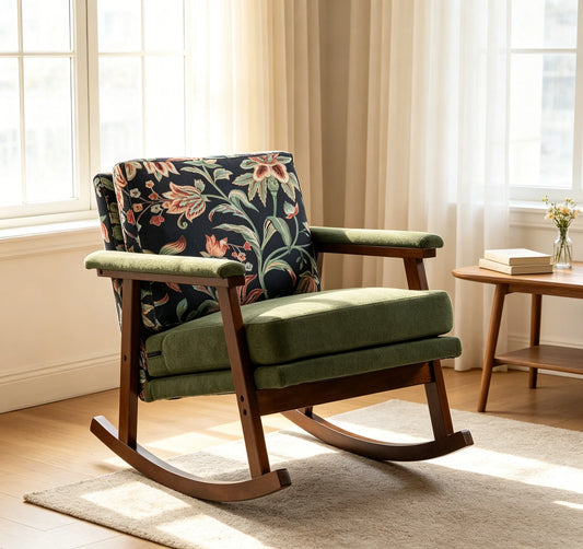 Mid Century Modern Accent Chair, rocking chair with Solid Wood Frame, Upholstered Living Room Chairs, Reading Armchair for Bedroom Sunroom lifestyle view