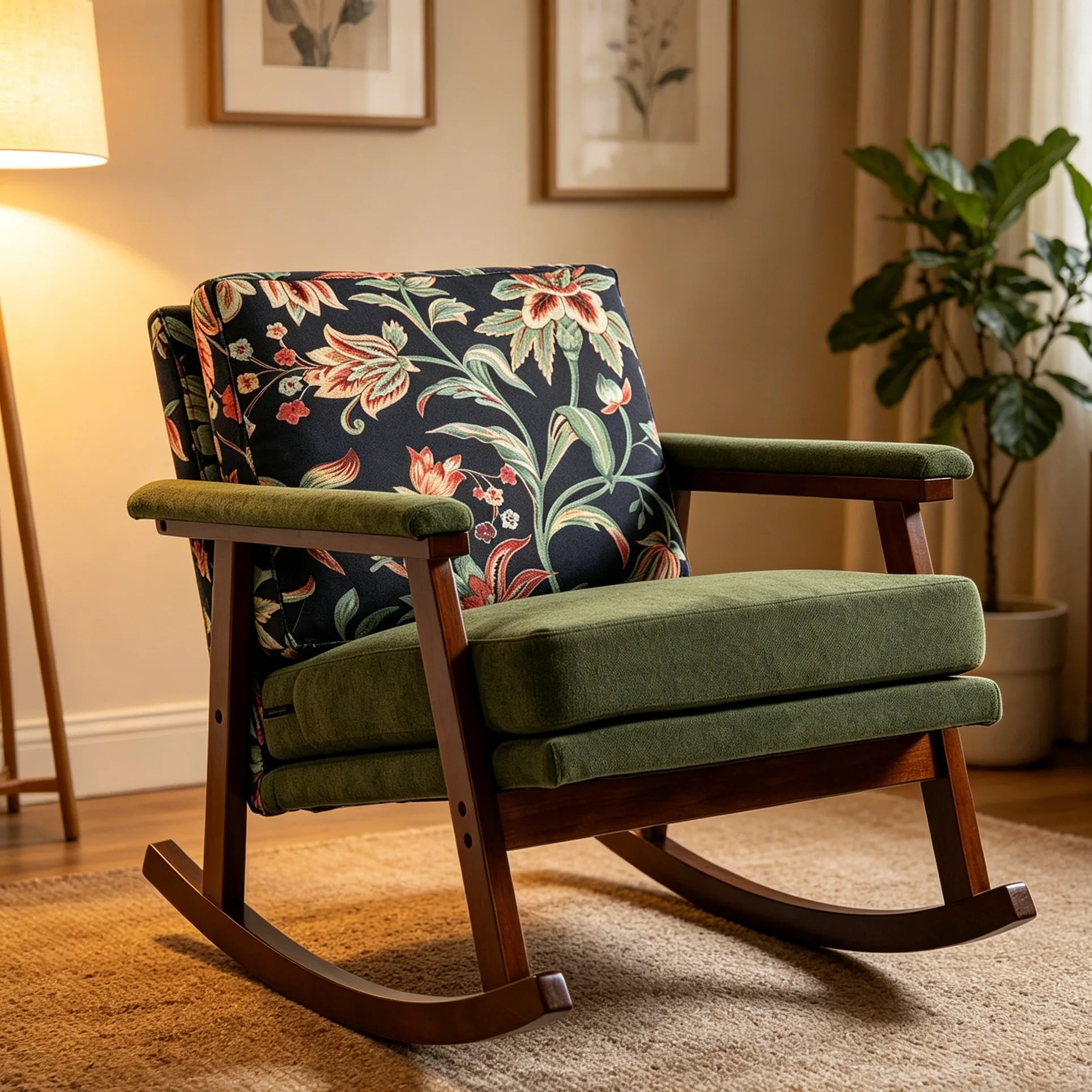 Mid Century Modern Accent Chair, rocking chair with Solid Wood Frame, Upholstered Living Room Chairs, Reading Armchair for Bedroom Sunroom detail view 2