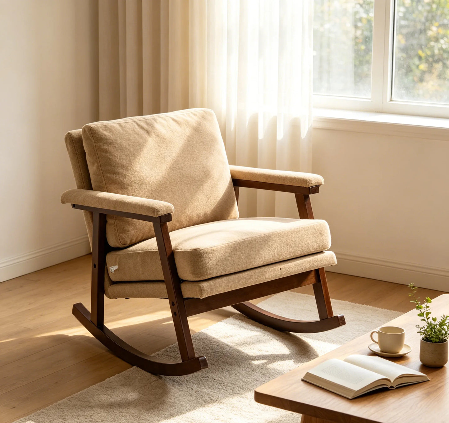 Mid Century Modern Accent Chair, rocking chair with Solid Wood Frame, Upholstered Living Room Chairs, Reading Armchair for Bedroom Sunroom detail view 18