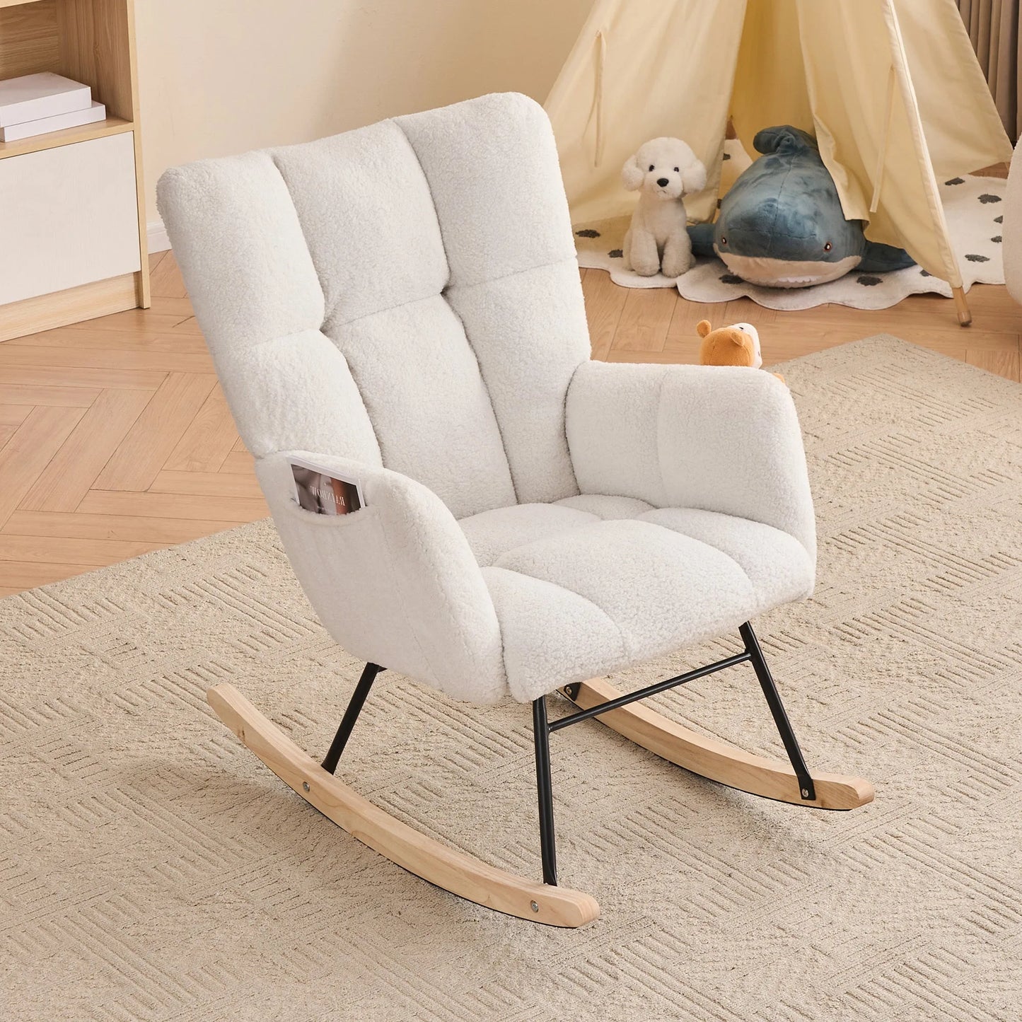 Teddy Fabric Leisure Rocking Chair with Tufted Backrest, Upholstered Glider Nursery Chair with Side Pockets for Living Room, Bedroom, Ivory lifestyle view