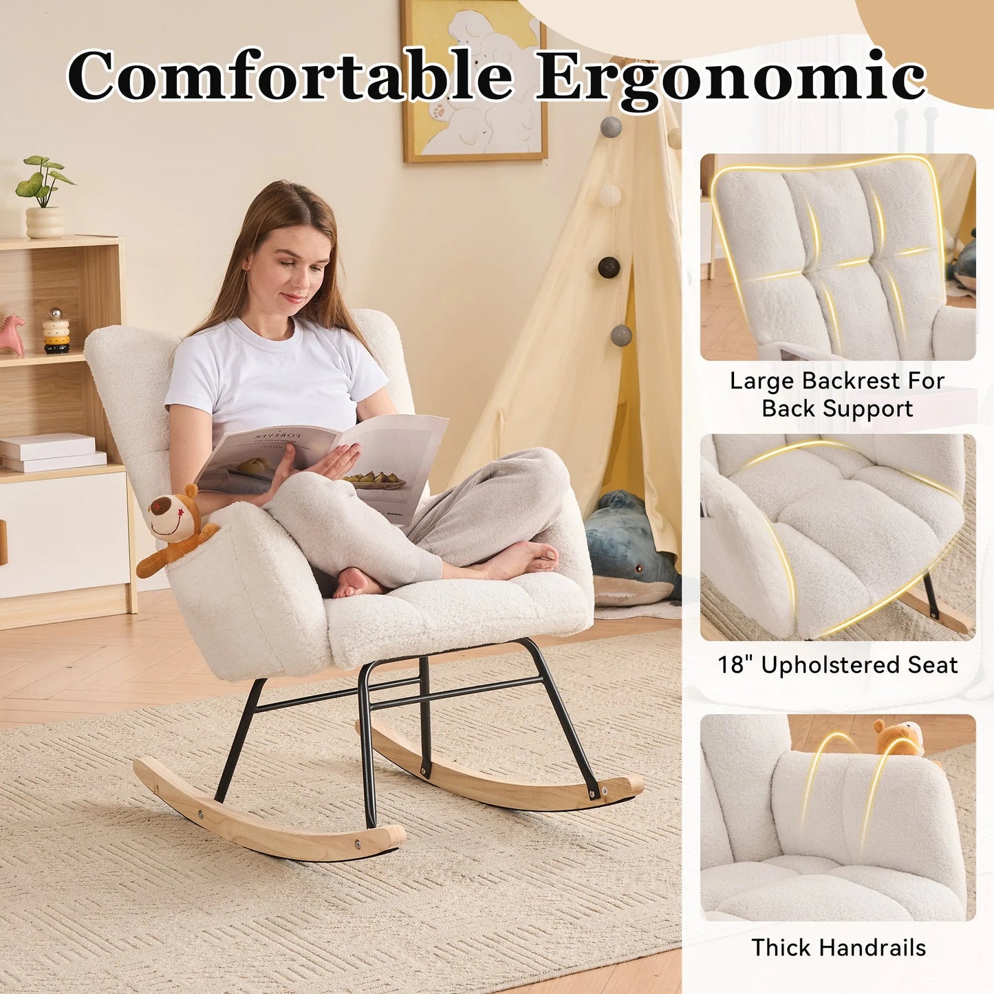 Teddy Fabric Leisure Rocking Chair with Tufted Backrest, Upholstered Glider Nursery Chair with Side Pockets for Living Room, Bedroom, Ivory detail view 4
