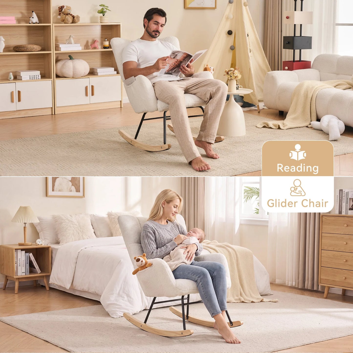 Teddy Fabric Leisure Rocking Chair with Tufted Backrest, Upholstered Glider Nursery Chair with Side Pockets for Living Room, Bedroom, Ivory detail view 6