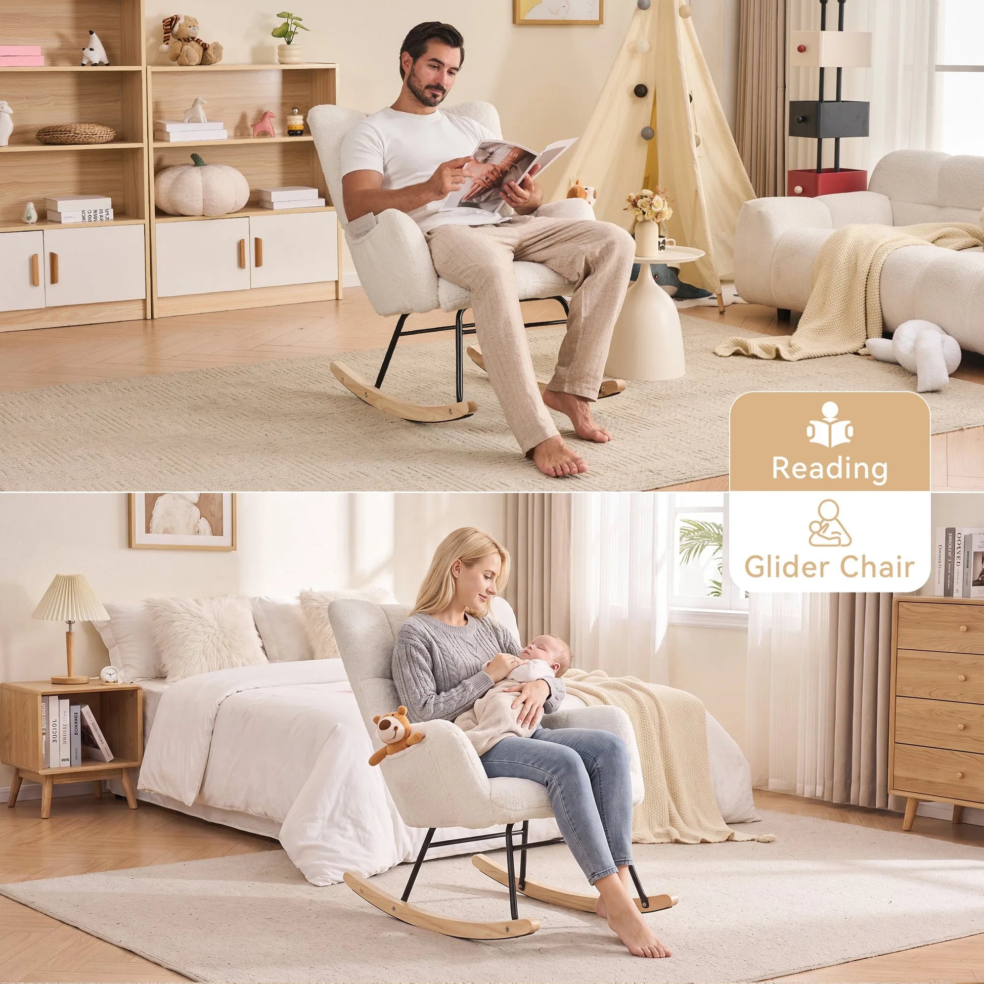 Teddy Fabric Leisure Rocking Chair with Tufted Backrest, Upholstered Glider Nursery Chair with Side Pockets for Living Room, Bedroom, Ivory detail view 6