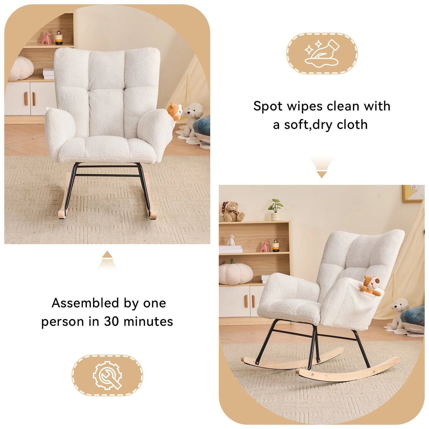 Teddy Fabric Leisure Rocking Chair with Tufted Backrest, Upholstered Glider Nursery Chair with Side Pockets for Living Room, Bedroom, Ivory detail view 7