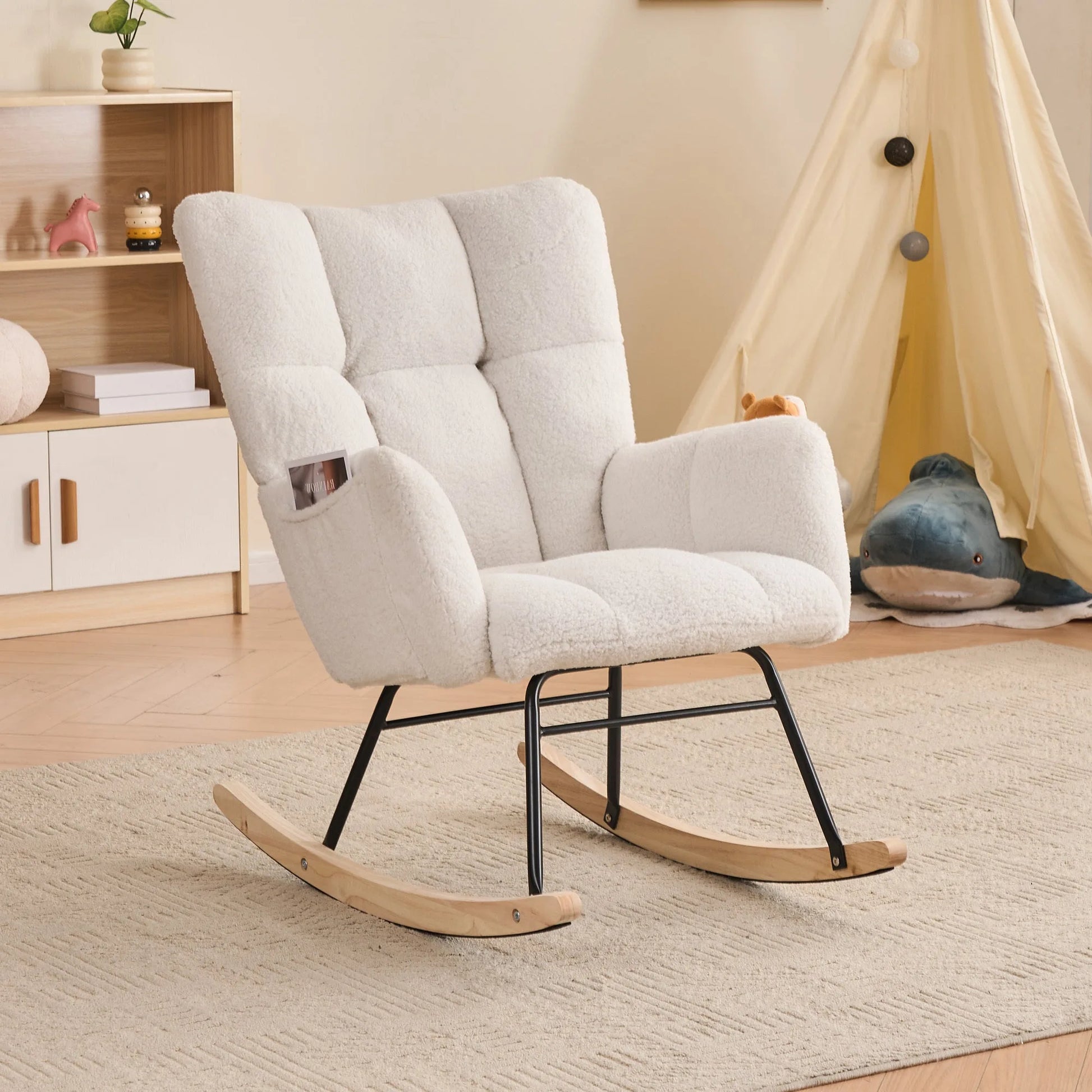 Teddy Fabric Leisure Rocking Chair with Tufted Backrest, Upholstered Glider Nursery Chair with Side Pockets for Living Room, Bedroom, Ivory detail view 8