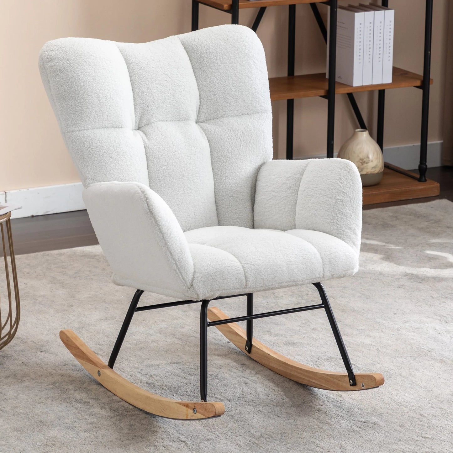 Teddy Fabric Leisure Rocking Chair with Tufted Backrest, Upholstered Glider Nursery Chair with Side Pockets for Living Room, Bedroom, Ivory detail view 9