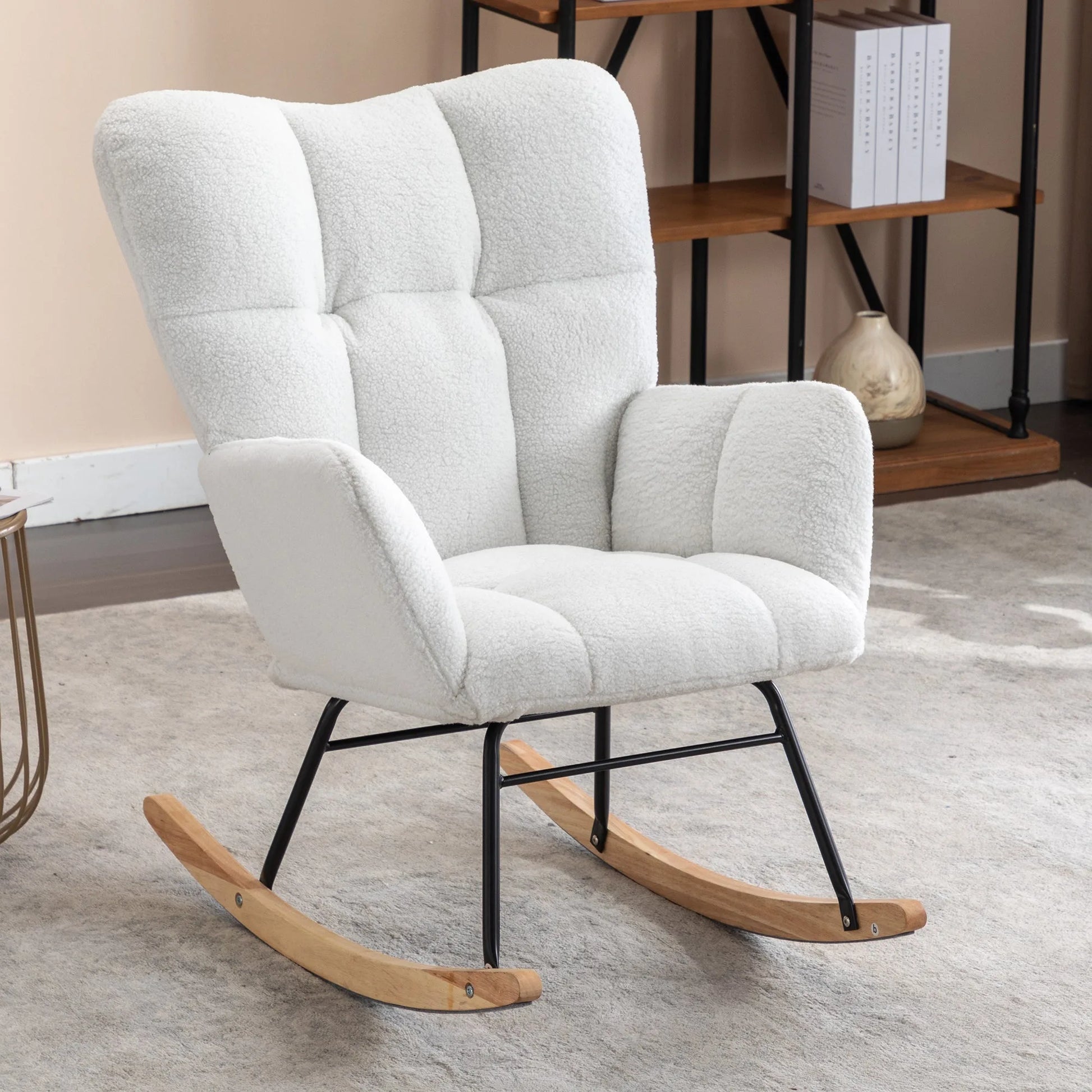 Teddy Fabric Leisure Rocking Chair with Tufted Backrest, Upholstered Glider Nursery Chair with Side Pockets for Living Room, Bedroom, Ivory detail view 9