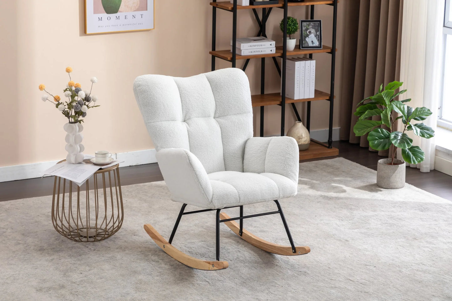 Teddy Fabric Leisure Rocking Chair with Tufted Backrest, Upholstered Glider Nursery Chair with Side Pockets for Living Room, Bedroom, Ivory detail view 10