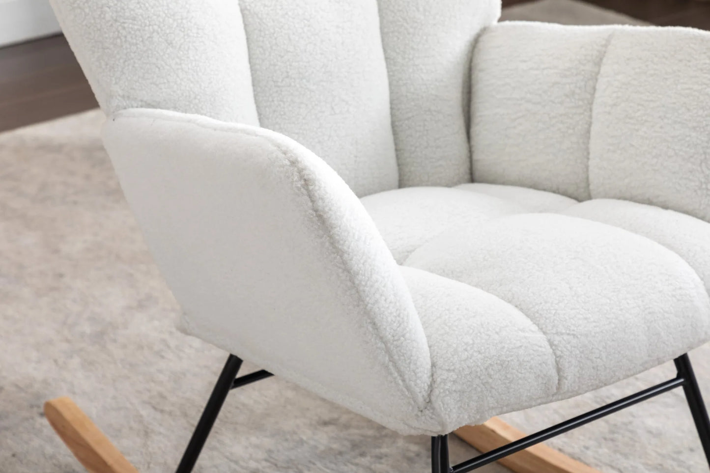 Teddy Fabric Leisure Rocking Chair with Tufted Backrest, Upholstered Glider Nursery Chair with Side Pockets for Living Room, Bedroom, Ivory detail view 11