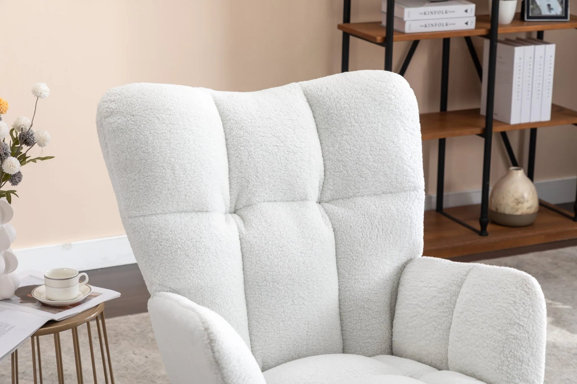 Teddy Fabric Leisure Rocking Chair with Tufted Backrest, Upholstered Glider Nursery Chair with Side Pockets for Living Room, Bedroom, Ivory detail view 13