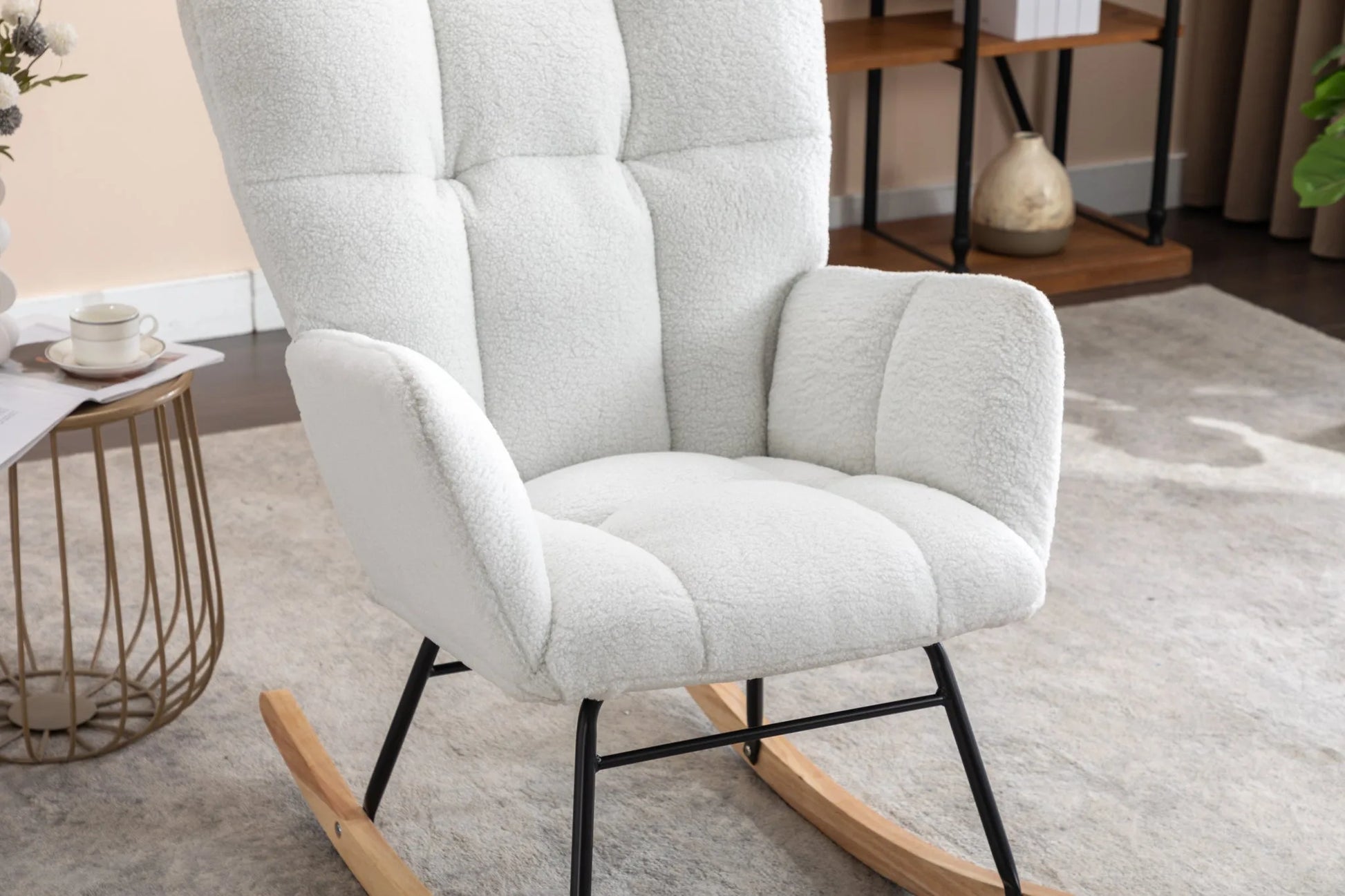 Teddy Fabric Leisure Rocking Chair with Tufted Backrest, Upholstered Glider Nursery Chair with Side Pockets for Living Room, Bedroom, Ivory detail view 14