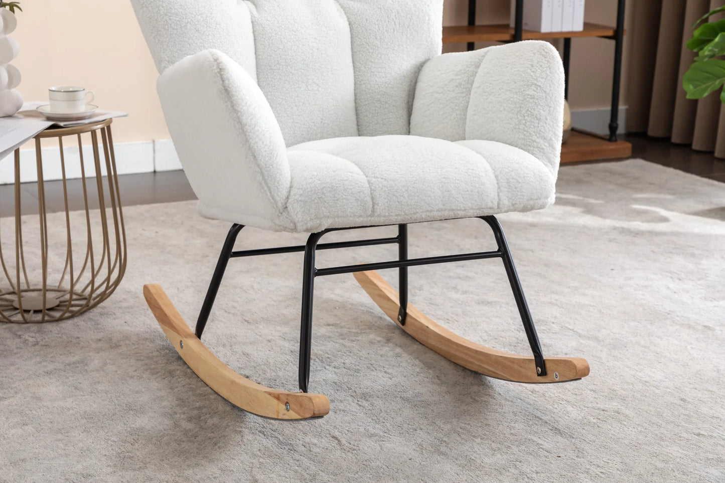 Teddy Fabric Leisure Rocking Chair with Tufted Backrest, Upholstered Glider Nursery Chair with Side Pockets for Living Room, Bedroom, Ivory detail view 15