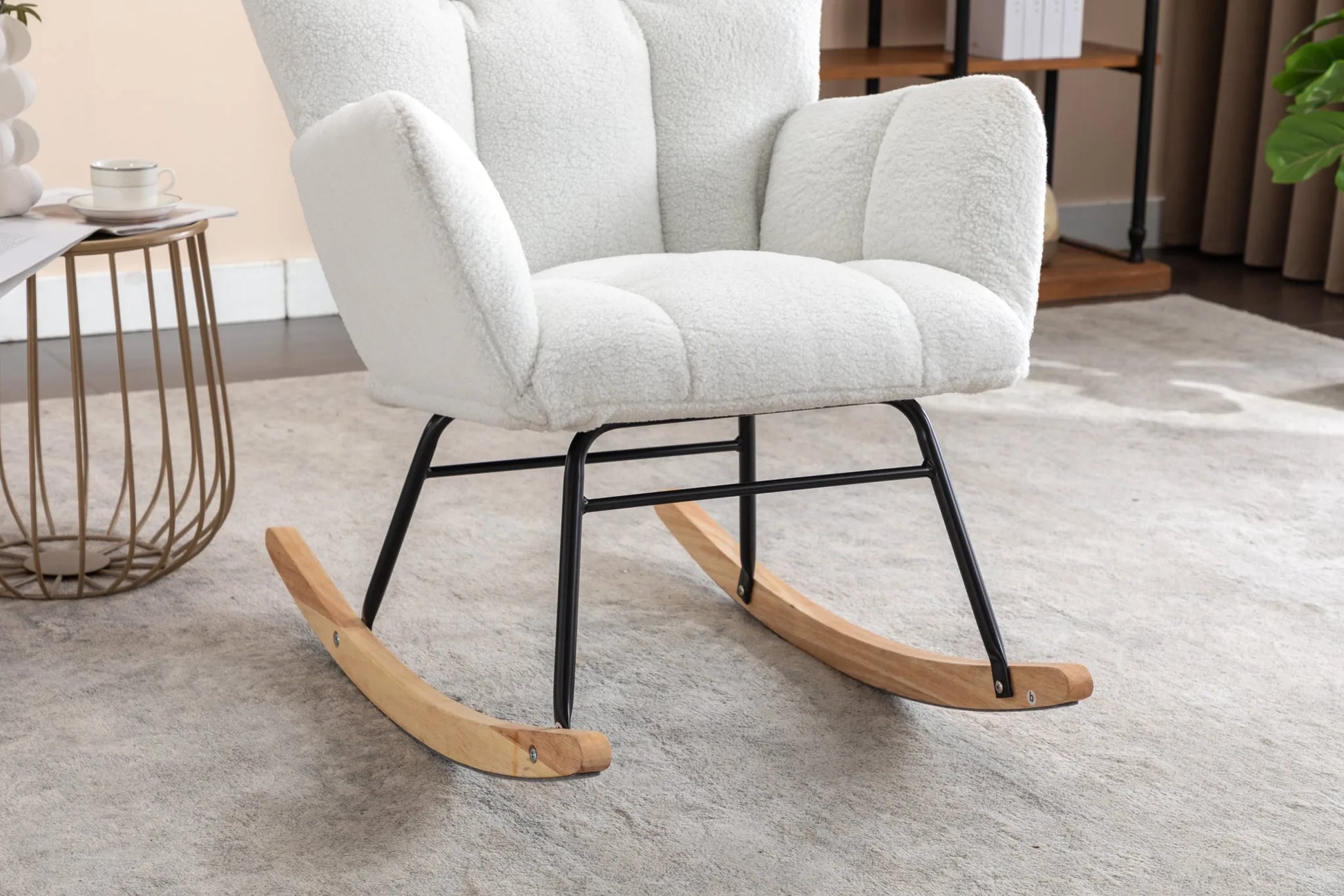 Teddy Fabric Leisure Rocking Chair with Tufted Backrest, Upholstered Glider Nursery Chair with Side Pockets for Living Room, Bedroom, Ivory detail view 15