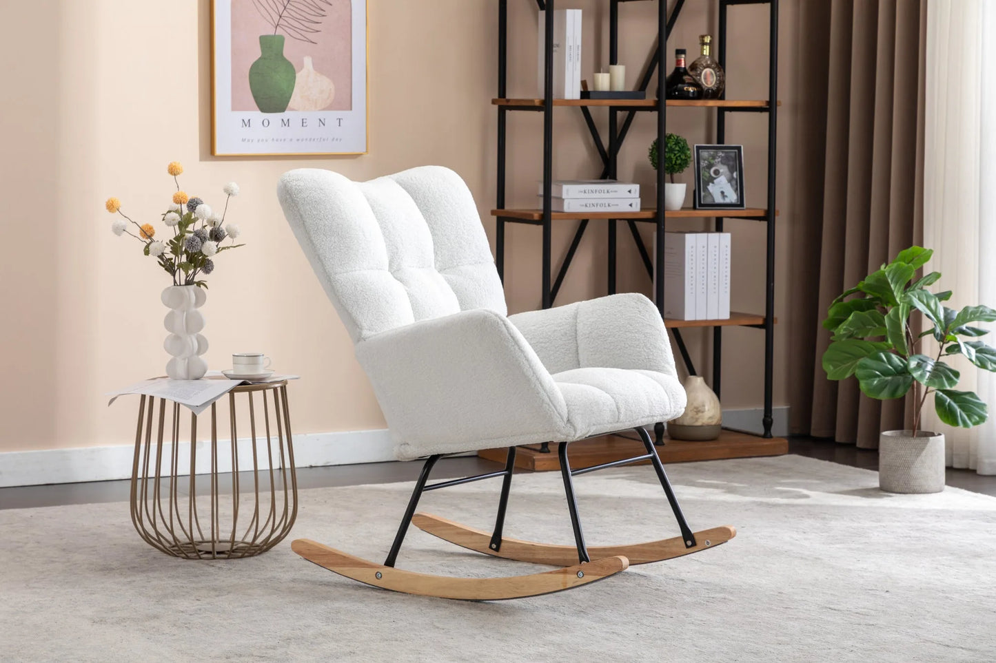 Teddy Fabric Leisure Rocking Chair with Tufted Backrest, Upholstered Glider Nursery Chair with Side Pockets for Living Room, Bedroom, Ivory detail view 16