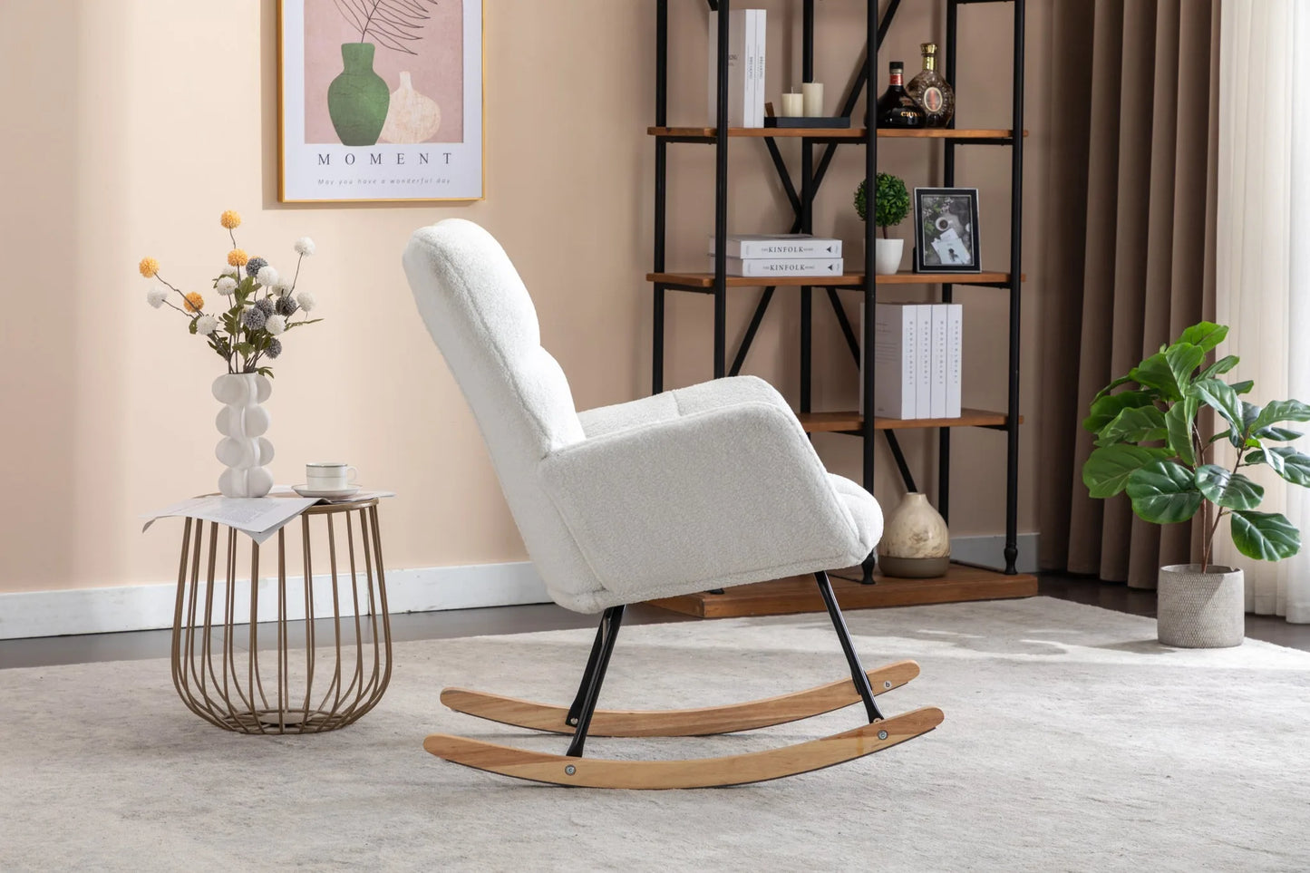 Teddy Fabric Leisure Rocking Chair with Tufted Backrest, Upholstered Glider Nursery Chair with Side Pockets for Living Room, Bedroom, Ivory detail view 17